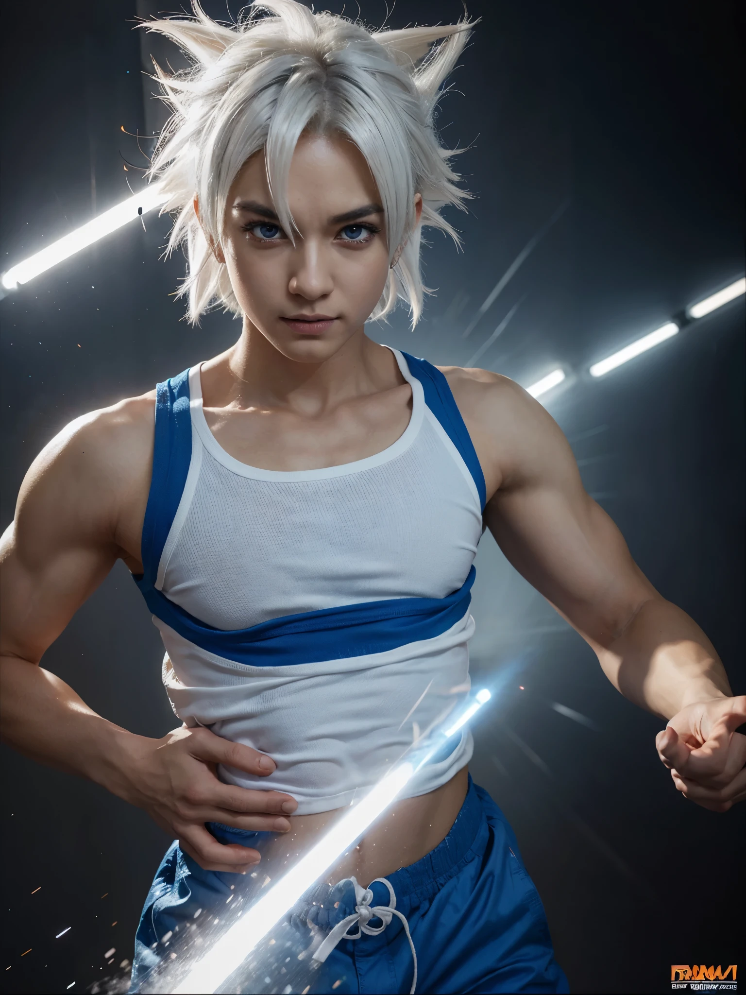 (goku:white hair),(blue and white clothes),detailed eyes and face,energetic expression,flying pose,sparkling aura,anime style,realistic rendering,high-res painting,vivid colors,studio lighting