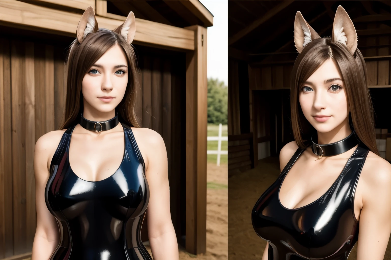 (best quality)), ((masterpiece)), (detailed), ((before and after))  (split image). left-side: (perfect face), (human face) girl in a tight brown latex dress, collar, stables. rightside: the same girl but transformed into a anthro horse. 
