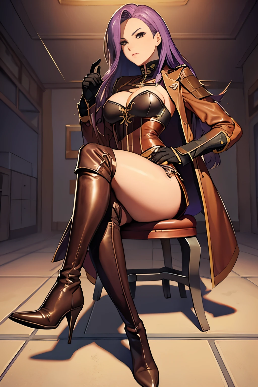 defsonya, purple hair, (((full body))), jodhpurs, riding pants, tight pants, (pants), beige pants riding coat, (((tailcoat))), red tailcoat, equestrian, equestrienne, ((riding crop)), (((brown leather thigh high boots))), (((brown leather thigh-high boots))), (((brown boots))), (((brown leather gloves))), ((opera gloves)), gloves, ((jockey)), heel being shown, using riding crop, ((stiletto heel)), pointy heel, ((sitting on saddle)), ((brown saddle)), ((riding saddle)), legs across saddle, sitting pretty,riding crop(5:1),sexy,anime(7:1),POV(3:1),1girl(5:1),busty,thin waist,high quality,best quality,racetrack,grassy field,race track,boot worship(3:1),horse race track,anime milf,mature anime woman,boot fetish(3:1),white pants,anime style,solo,anime face(3:1),looking at viewer,looking at camera,purple hair,femdom[2:1],fullbody(3:1),tan pants,pants,small nose,anime nose(3:1),no nose,full body view,beige pants,looking down at viewer(4:1),foreshortening,beige_pants,beige riding pants,white riding pants,looking down,pov eye contact,presenting boot,pointing sole of boot at camera,from below(3:1),viewed from below