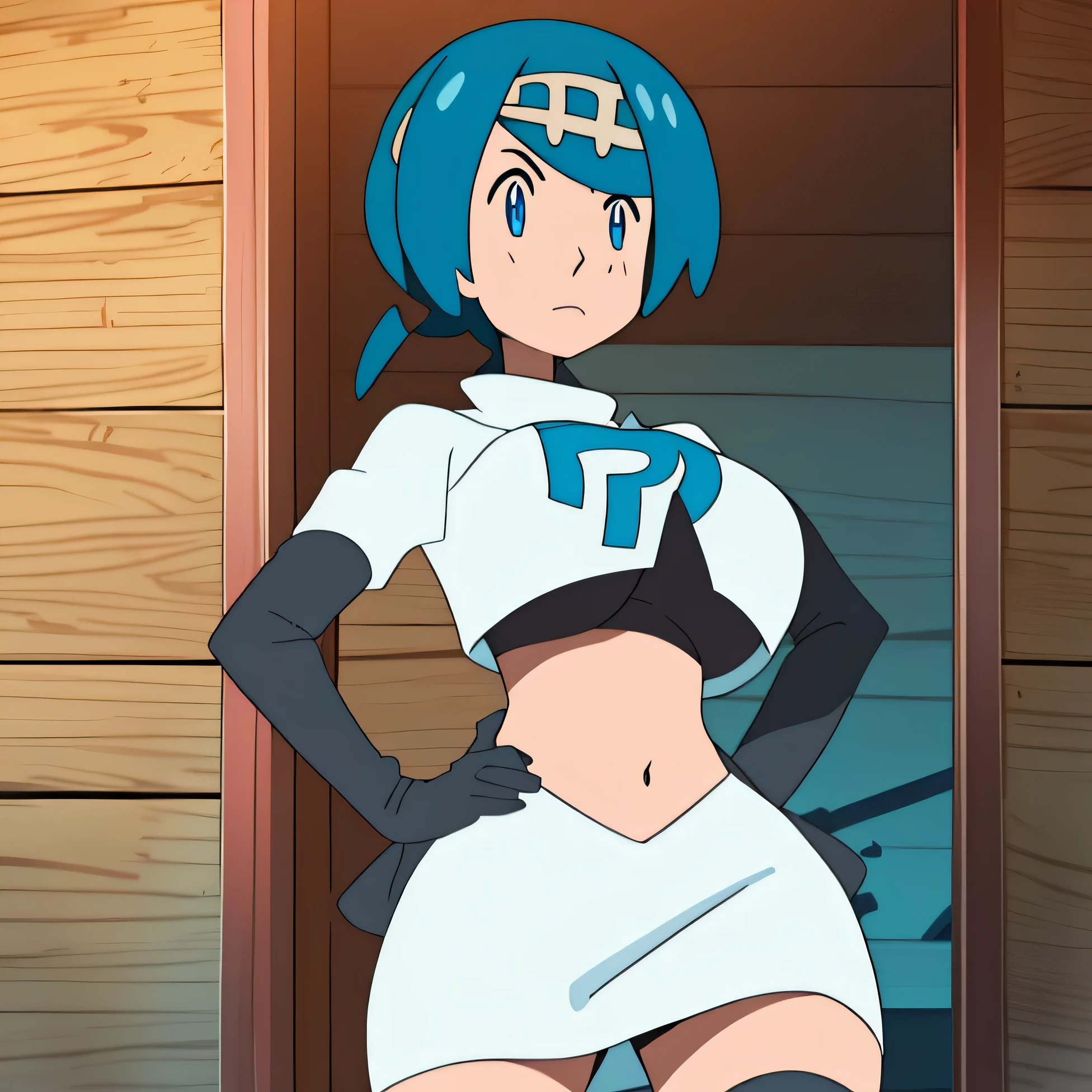 8k, ,1girl in, (solo:1.1), (perfect body:1.1), (best quality:1.1), very large breast, team rocket uniform, red letter r, white skirt,white crop top,black thigh-high boots, black elbow gloves, glaring angrily, looking down at viewer, hands on hips,zettai ryouiki,cowboy shot