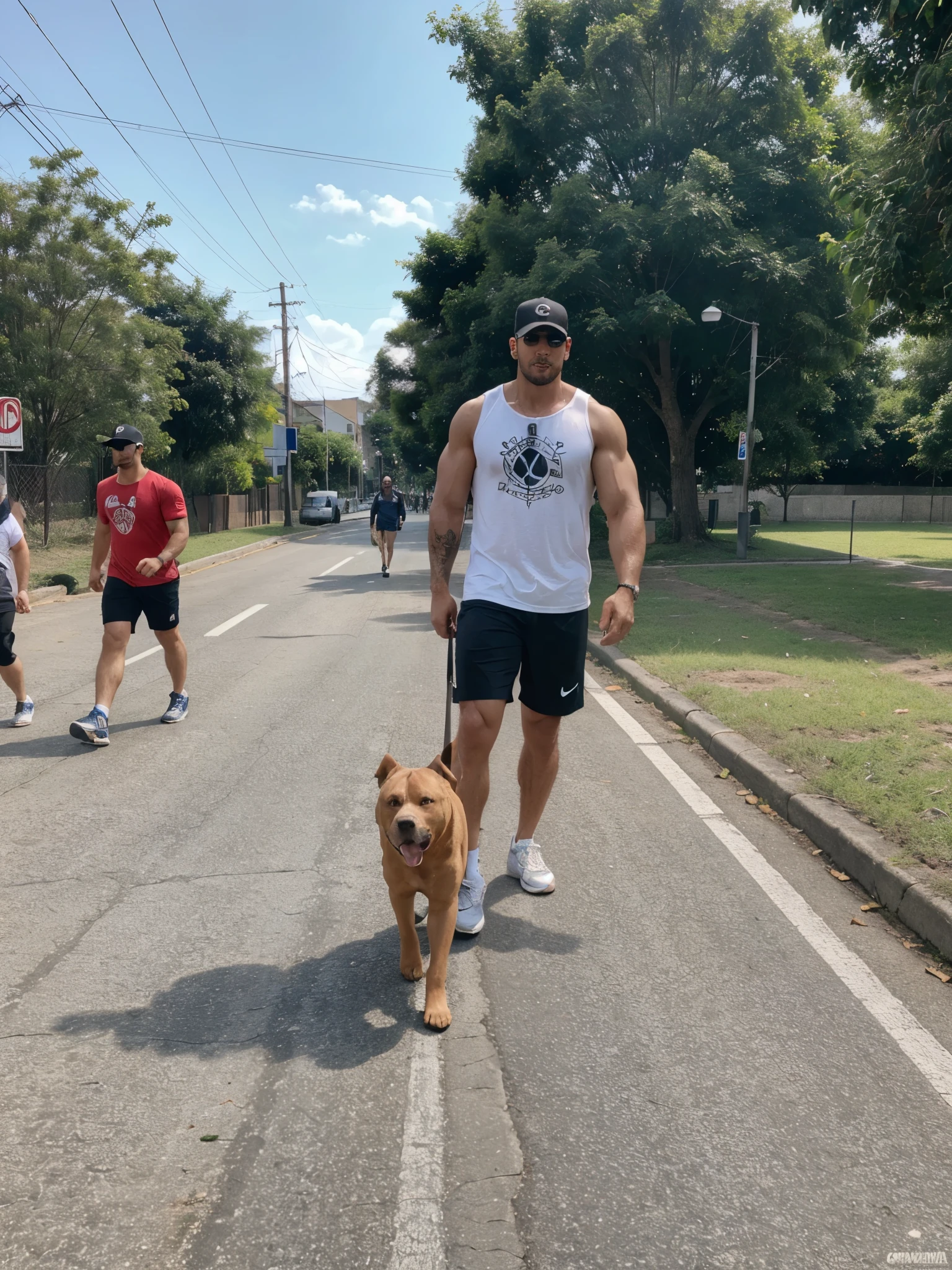 Um Homen, muito musculoso, fitness, big biceps, pernas grossas, passeando com cachorro, Pitbull, extremamente realista