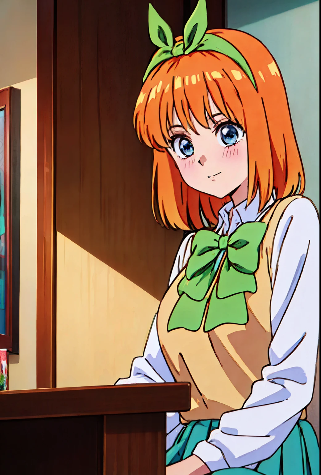 (Old anime, vintage anime, 90's anime style, naoko takeuchi style, masterpiece、top-quality、top-quality、Official art、Beautifully Aesthetic:1.2)、(a beauty girl:1.3)、vivid colours、colourfull、Large ribbon、Wallpapers, poster, lHD Detail, Ultra Detail, soft Light, Deep Focus Bokeh, magical photography, dramatic lighting, intricate details, (1 girl, solo, alone), intricate details, sfw, nakano_yotsuba, blue eyes, indigo eyes, aayotsuba, Nakano Yotsuba from The Quintessential Quintuplets, sparkling eyes, orange shoulder length hair, orange bob hair, hair ribbon, green bowtie, yellow sleeveless sweater, collared white shirt, green pleated skirt, school uniform, laughing happily, crystal, fantasy, shimmering, sparkling, splendid, colorful, bright colours. fix her hands