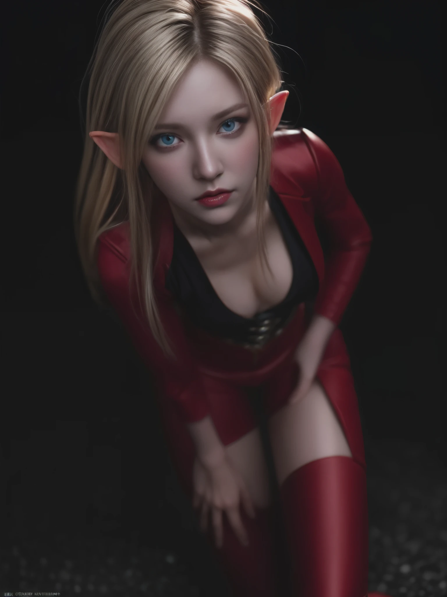 analog photo, (Best quality:1.4), (ultra detailed:1.4), Full length photo of a pale blonde woman, Intense red eyes, elf ranger, black suit with spikes, demonic, From, living dead, Cute sexy, (detailed face, detailed eyes), (Photorealistic:1.4), (granularity, depth of field)