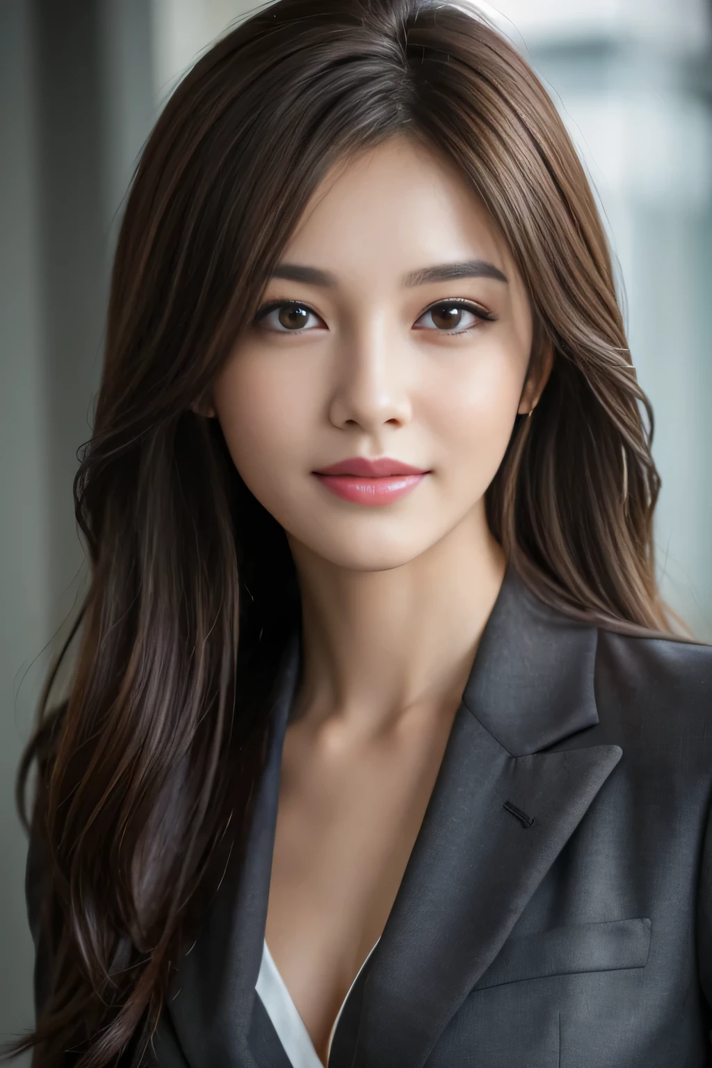 table top, highest quality, realistic, Super detailed, finely, High resolution, 8k wallpaper, 1 beautiful woman,, light brown messy hair, wearing a business suit, sharp focus, perfect dynamic composition, beautiful and detailed eyes, thin hair, Detailed realistic skin texture, smile, close-up portrait, model body shape
