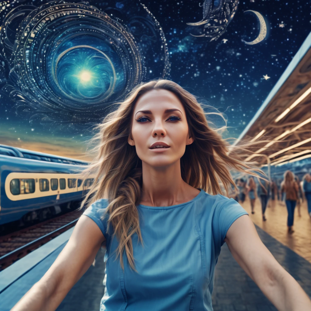 Marija. Magical starry sky. zentangle art deco style racing Train Station, female driver long hair, windy hair, speed, action, art deco style science fiction, magical art deco style future skyscrapers (best quality,4k,8k,highres,masterpiece:1.2),ultra-detailed,(realistic,photorealistic,photo-realistic:1.37)