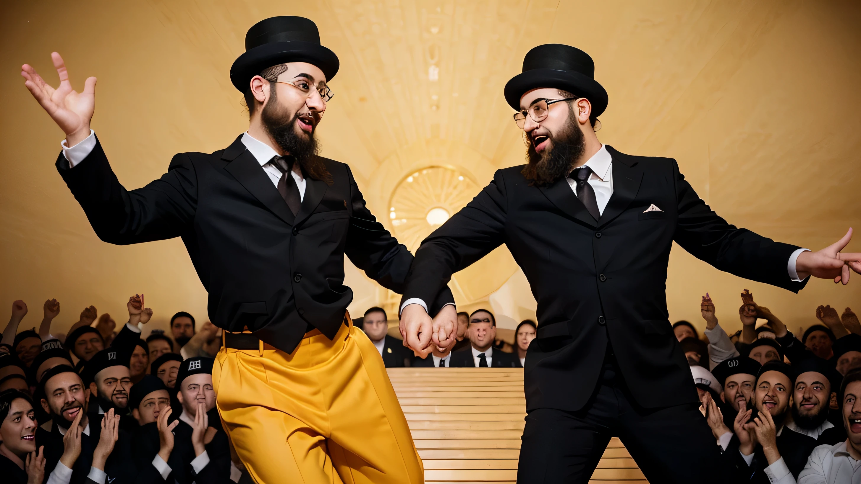 illustrate a cartoon image featuring a dancing Orthodox Jewish men into a cartoon, mimicking the style often seen in internet memes. they need to be throwing sheckels into the air.The software should effectively apply cartoon-like transformations while retaining the essence and humor characteristic of memes, ensuring the resulting image is both recognizable and amusing. make their hands realistic or hide them if necessary. a giant orthodox jew party