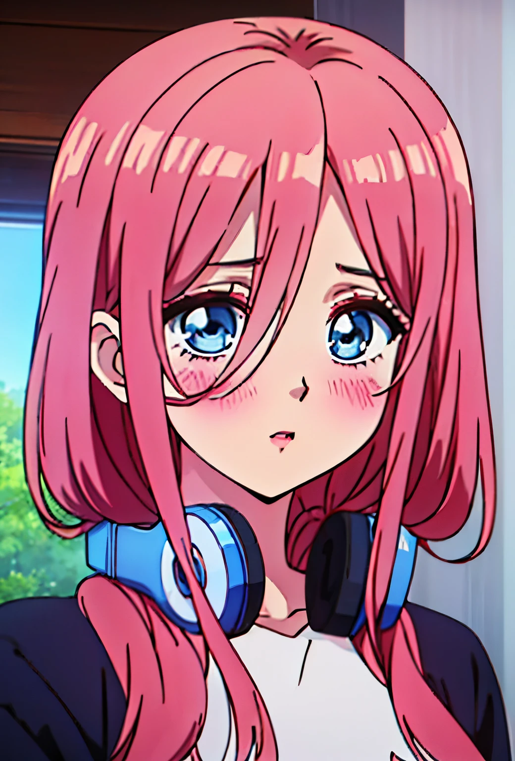 Miku, sparkling big eyes, sfw, pretty age girl with long dark pink hair, heart shaped lips and blue eyes making a cute face, blushing, aamiku, Nakano Miku from The Quintessential Quintuplets, Miku Nakano, masterpiece, 4k, ultradetailed, cowboy shot, nakano miku, long pink red hair, one strand of hair across her face, blue eyes, innocent, pure, shy, tender, lovely