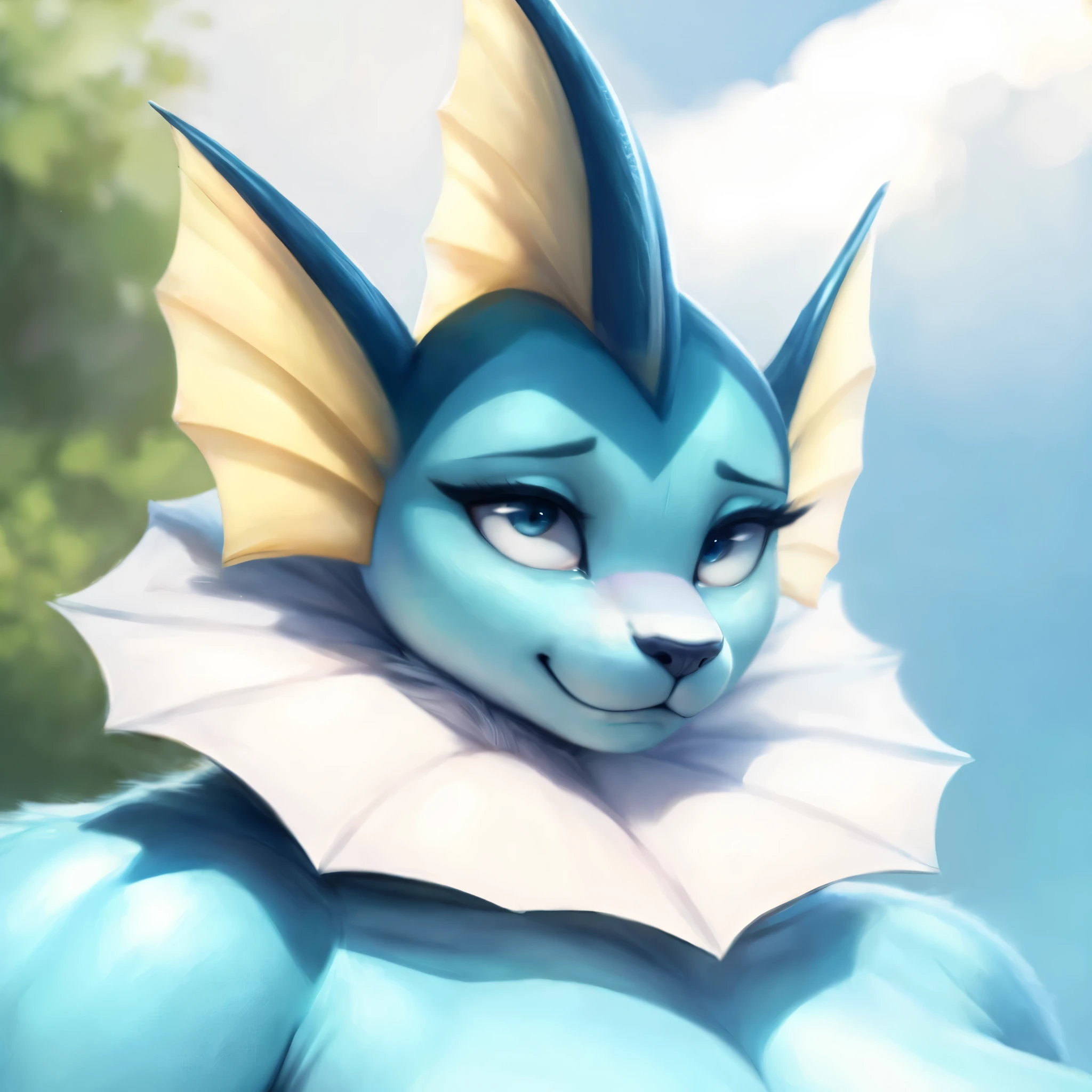 (best quality,ultra-detailed,realistic:1.37), vaporeon, feline snout, realistic, detailed face, striking eyes, flawless skin, expressive eyebrows, perfect lighting, long eyelashes, soft focus, vibrant colors, studio lighting,realistic,soft lighting,vibrant colors, delicate fur texture, blush, embarrassed expression, shy expression