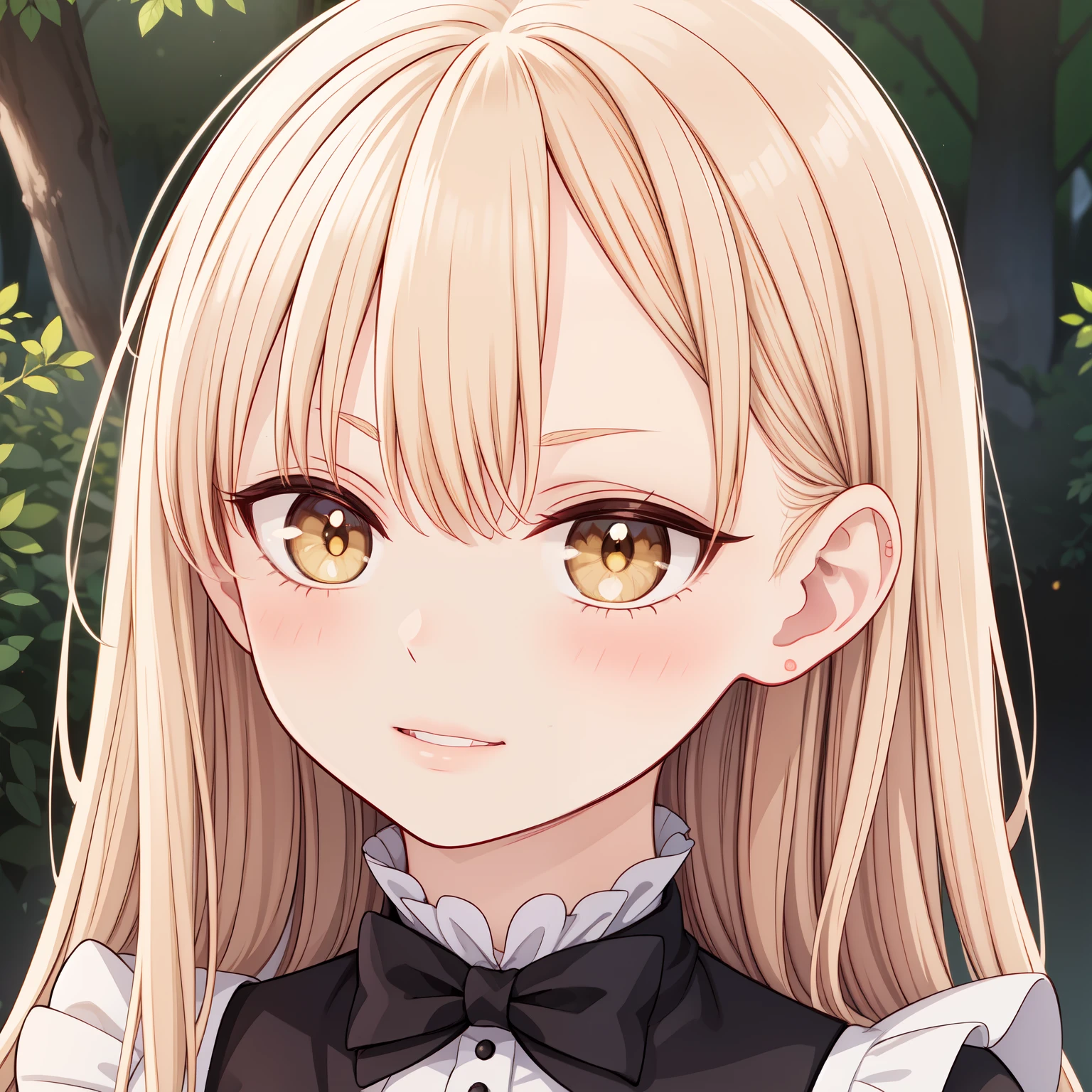 best quality,ultra-detailed,realistic:1.37,highres,golden hair,golden eyes,detailed facial features,serious expressions,beautiful detailed lips,long eyelashes,Guideau (majo to yajuu), maid outfit,golden light illuminating the scene,mysterious atmosphere,enchanted forest background,faint hint of magic in the air,subtle smile on her lips