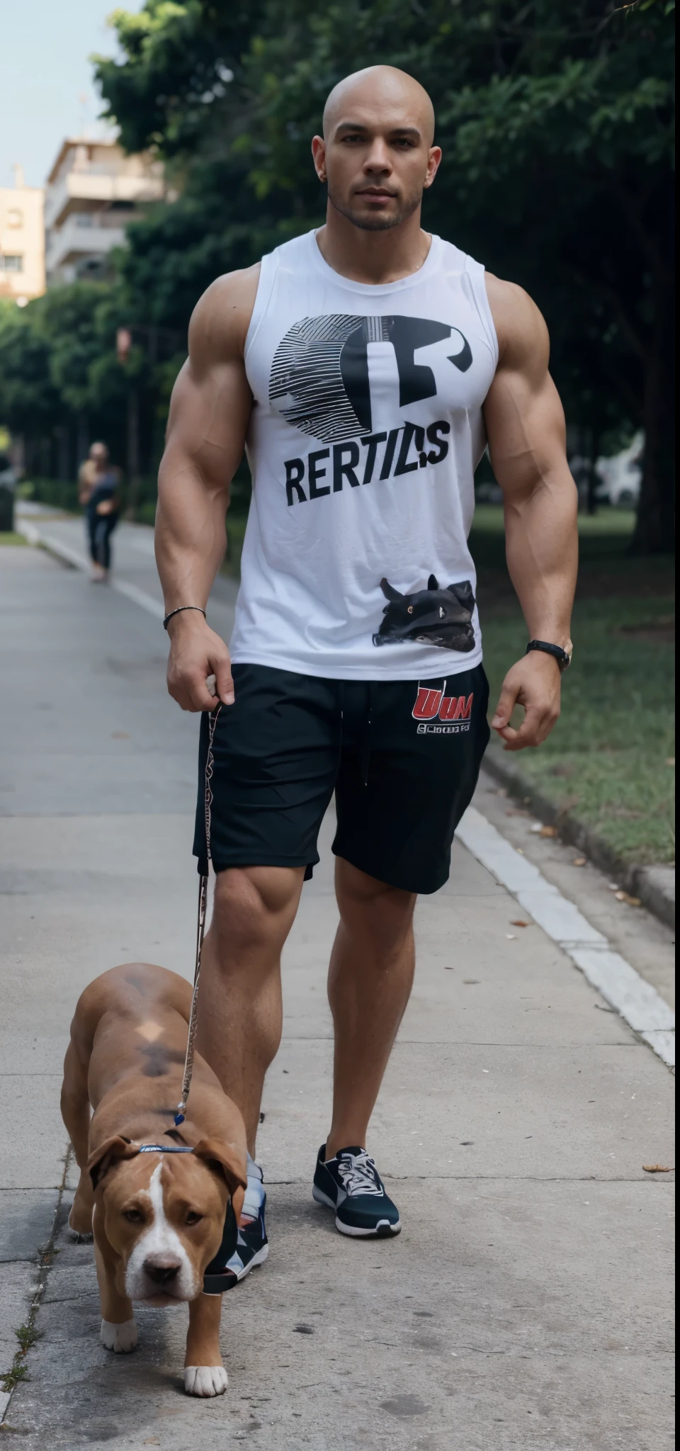 Um Homen, muito musculoso, fitness, big biceps, pernas grossas, passeando com cachorro, Pitbull, extremamente realista 