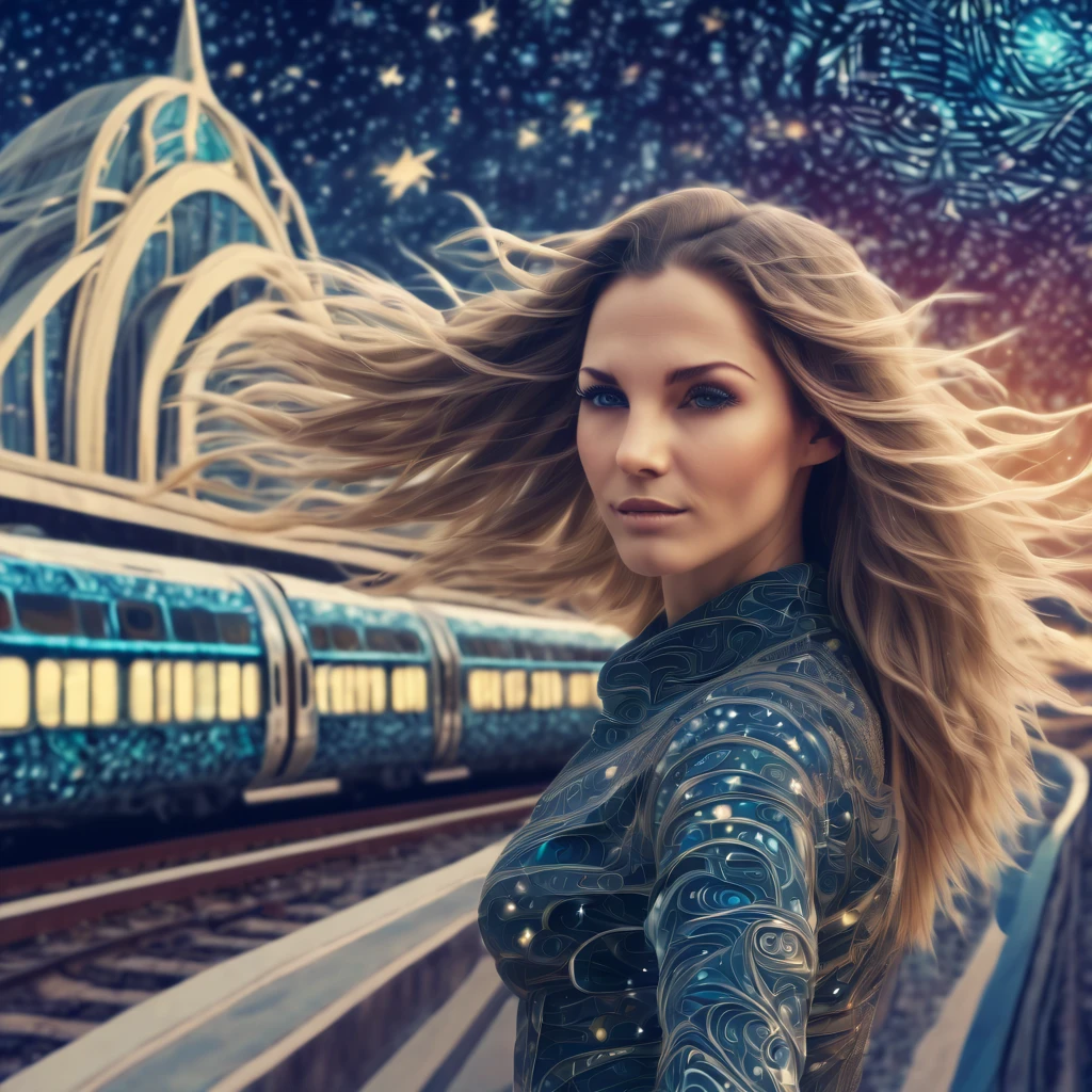 Marija. Magical starry sky. zentangle art deco style racing Train Station, female driver long hair, windy hair, speed, action, art deco style science fiction, magical art deco style future skyscrapers (best quality,4k,8k,highres,masterpiece:1.2),ultra-detailed,(realistic,photorealistic,photo-realistic:1.37)