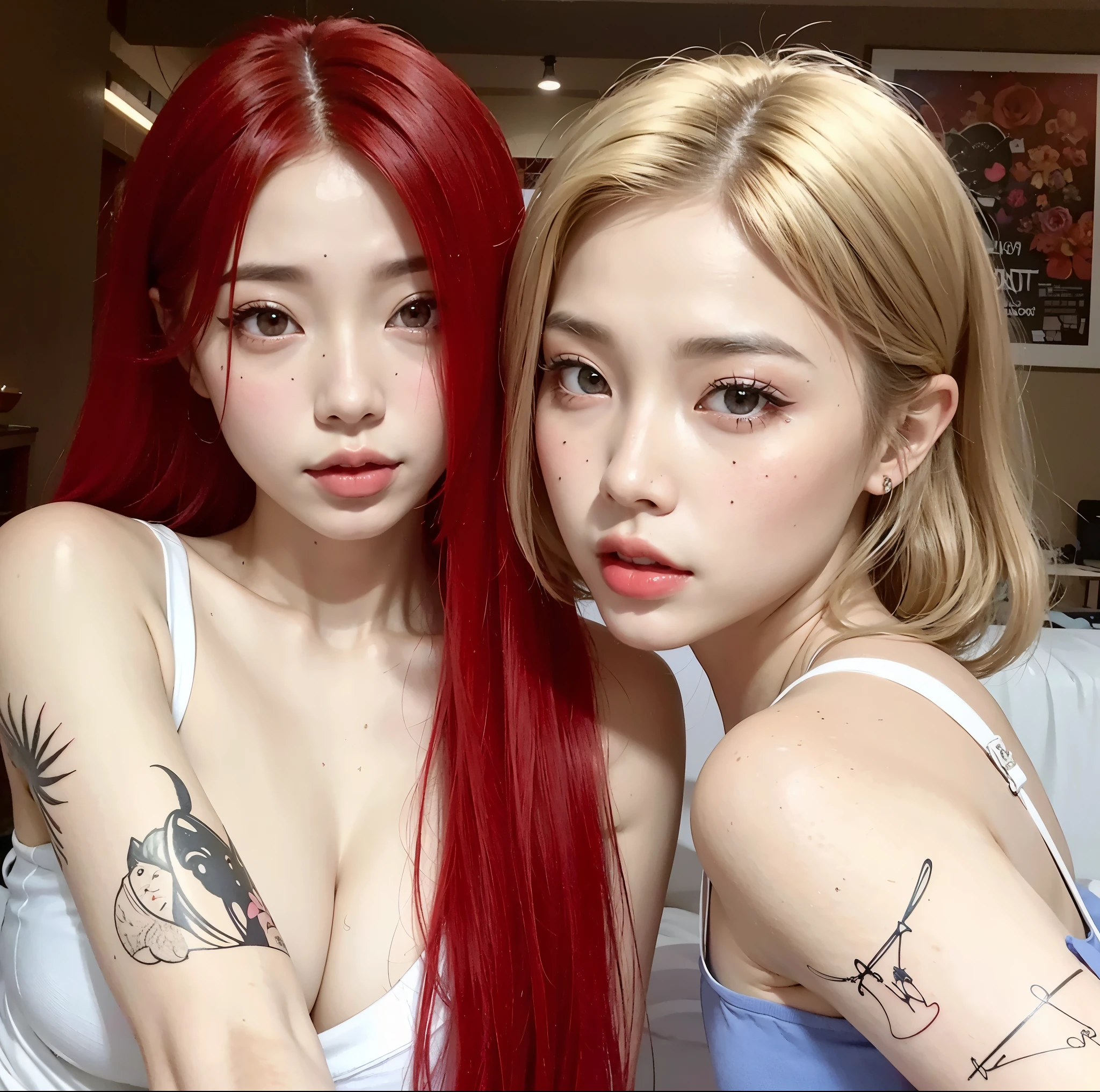 Two Asian women with red hair and tattoos posing for a photo., ulzzang, ig model | germen de arte, pale red, nixeu y sakimichan, pelo de dos colores, ruan jia and germen de arte, color rojo, dyed red hair, con el mismo peinado, estilo anime realista 3d, ambos tienen labios rojos, tinte de pelo, demasiado rojo