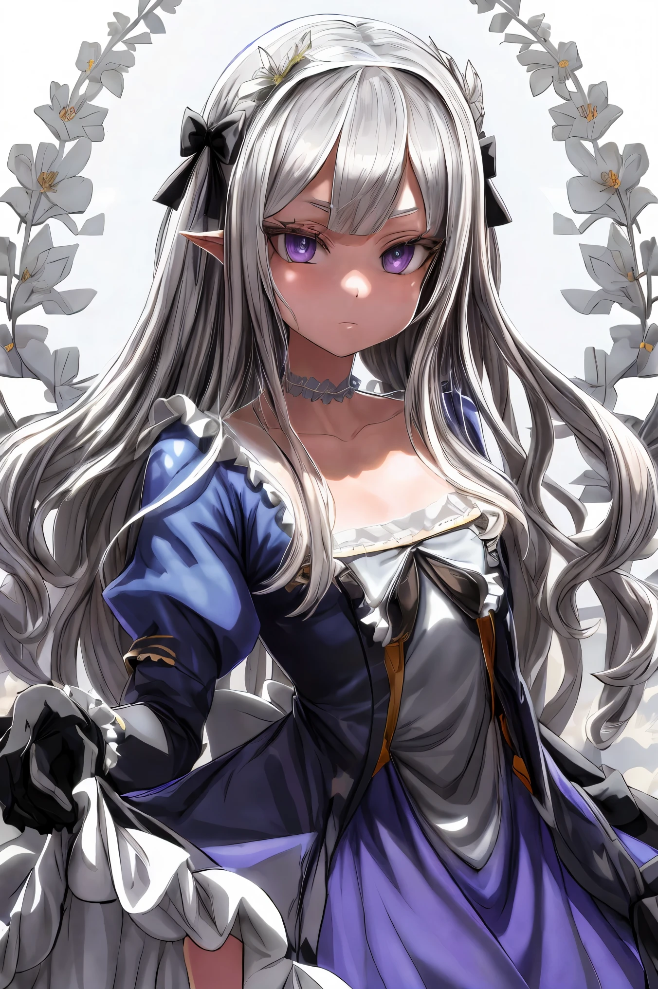 floral background, 1girl, mejiro mcqueen, solo, long hair, flower, dress, tiara, white dress, gloves, long sleeves, choker, green eyes, mascara, makeup, white gloves, black bow, black flower, wavy hair, bow, jewelry, looking at viewer, white background, collarbone, puffy sleeves, silver accessories, upper body, parted bangs, very long hair, blue dress, frills, bangs, closed mouth, detailed eyes, (close up), gleaming skin, shiny glossy skin