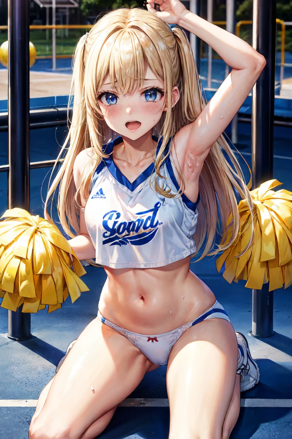 highest quality、cinematic lighting、cheerleader、blonde、white panties、playground、full of sweat、