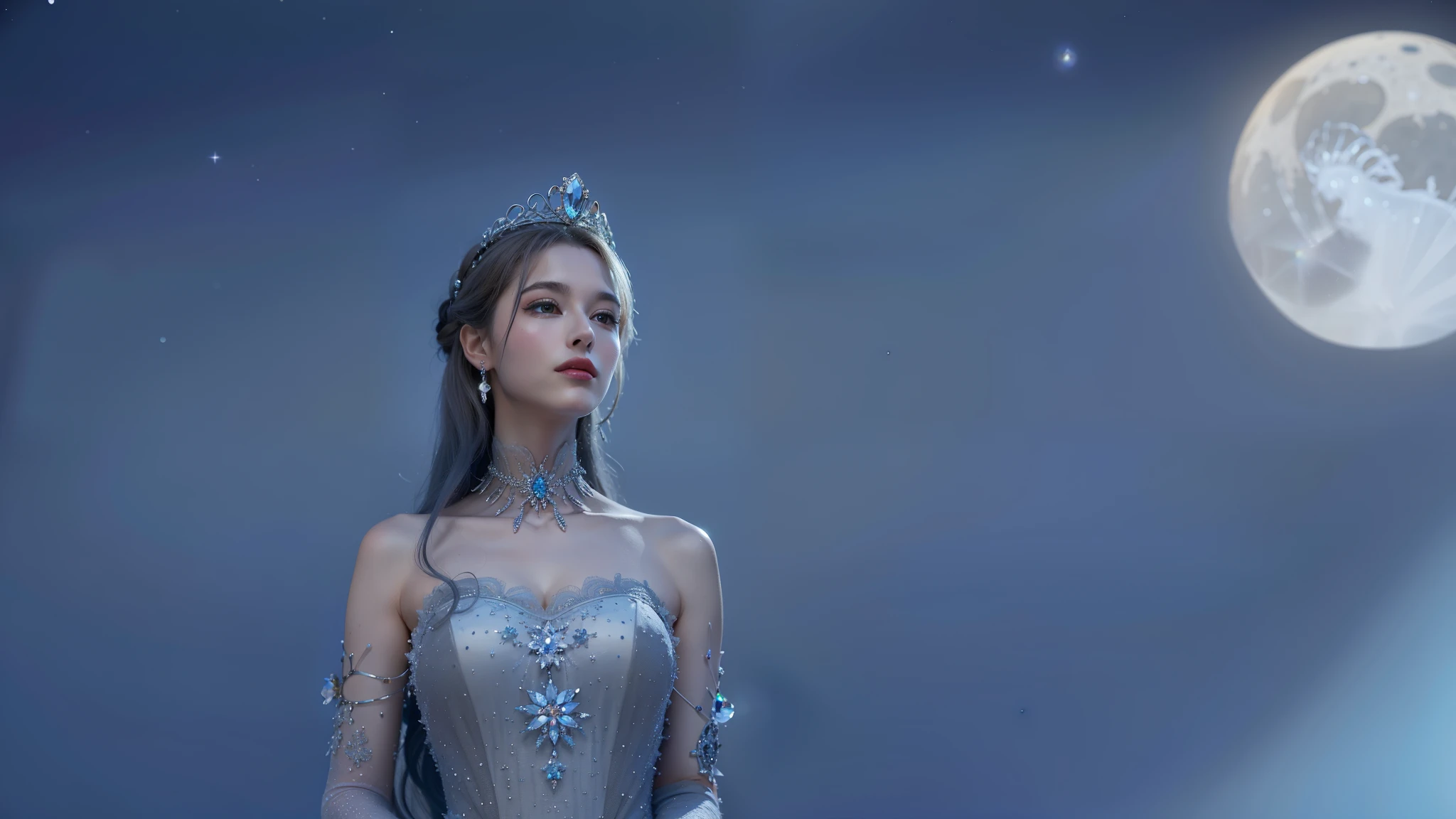 femme arafée dans une robe argentée debout devant une pleine lune, Reine de l'hiver, princesse d'hiver, reine des glaces, Wearing a fractal diadem in crystal, reine des glaces et des tempêtes, déesse de l'hiver, the reine des glaces, ((une belle impératrice fantastique)), princesse de glace, une belle impératrice fantastique, Portrait of the Queen of Light, wear a tiara, Princess of Light