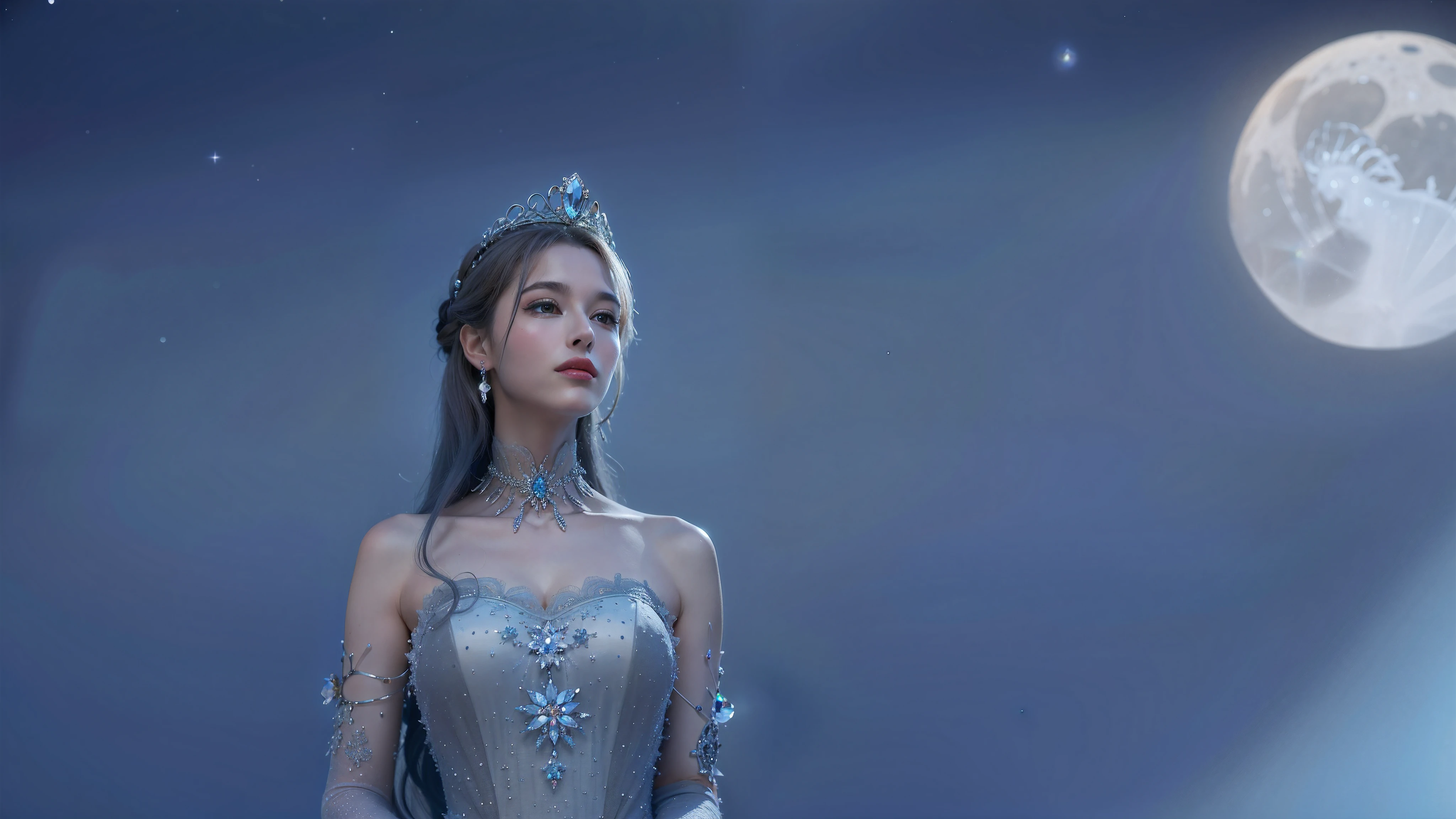 femme arafée dans une robe argentée debout devant une pleine lune, Reine de l'hiver, princesse d'hiver, Reine des glaces, Wear a crystal fractal tiara, Reine des glaces et des tempêtes, déesse de l'hiver, the Reine des glaces, ((Une belle impératrice fantastique)), princesse de glace, Une belle impératrice fantastique, Portrait of the Queen of Light, Wear a tiara, Princess of Light
