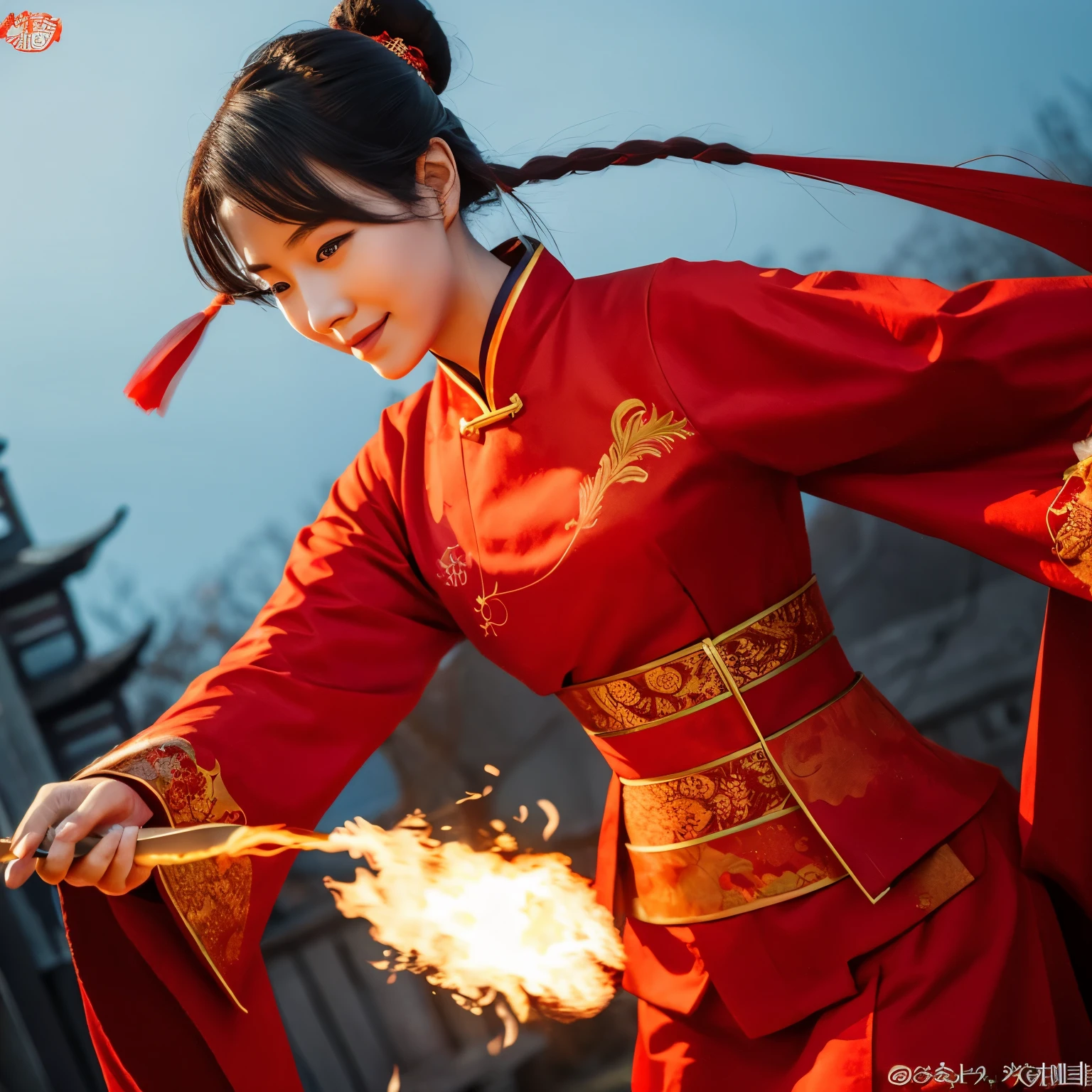 Firelord Ozai, terrifying, fire bending, female, with traditional red chinese clothing