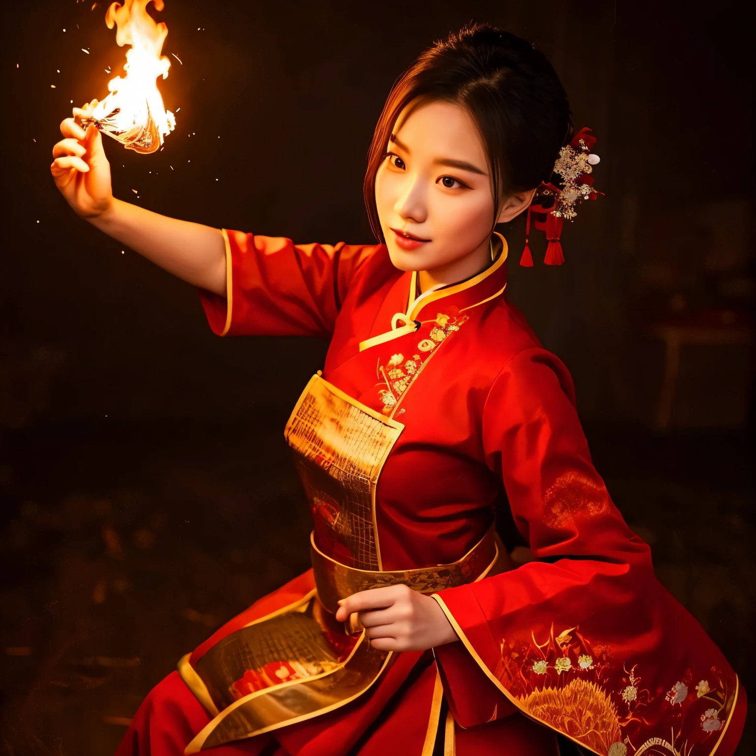 Firelord Ozai, terrifying, fire bending, female, with traditional red chinese clothing 