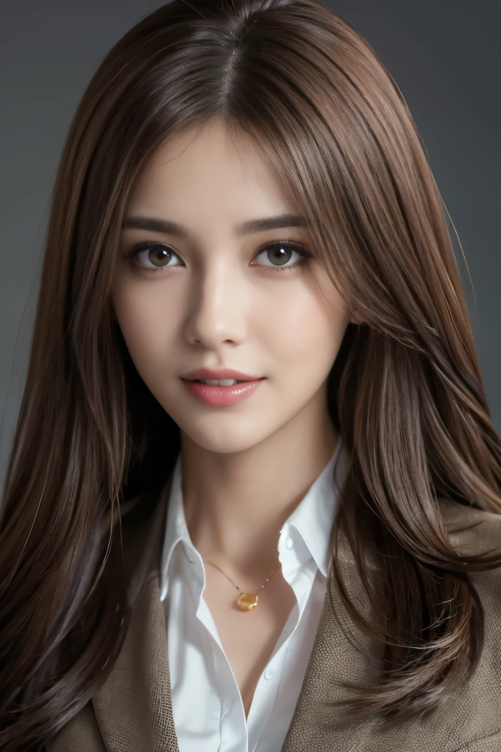 table top, highest quality, realistic, Super detailed, finely, High resolution, 8k wallpaper, 1 beautiful woman,, light brown messy hair, wearing a business suit, sharp focus, perfect dynamic composition, beautiful and detailed eyes, thin hair, Detailed realistic skin texture, smile, close-up portrait, model body shape