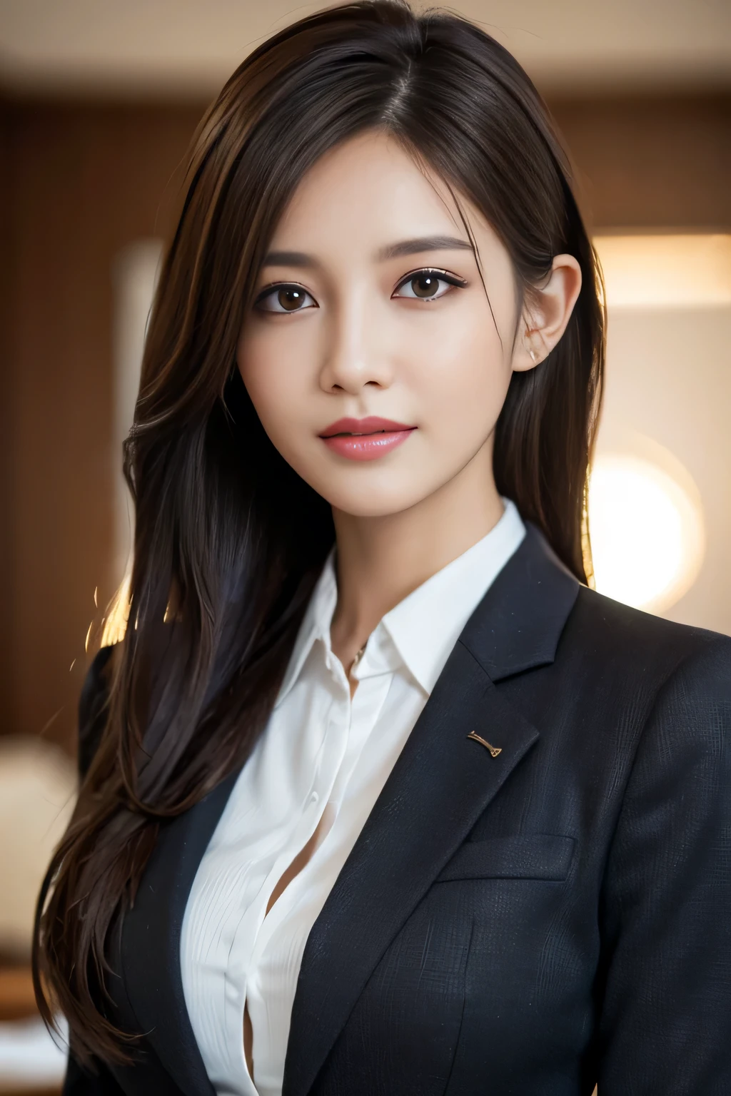 table top, highest quality, realistic, Super detailed, finely, High resolution, 8k wallpaper, 1 beautiful woman,, light brown messy hair, wearing a business suit, sharp focus, perfect dynamic composition, beautiful and detailed eyes, thin hair, Detailed realistic skin texture, smile, close-up portrait, model body shape