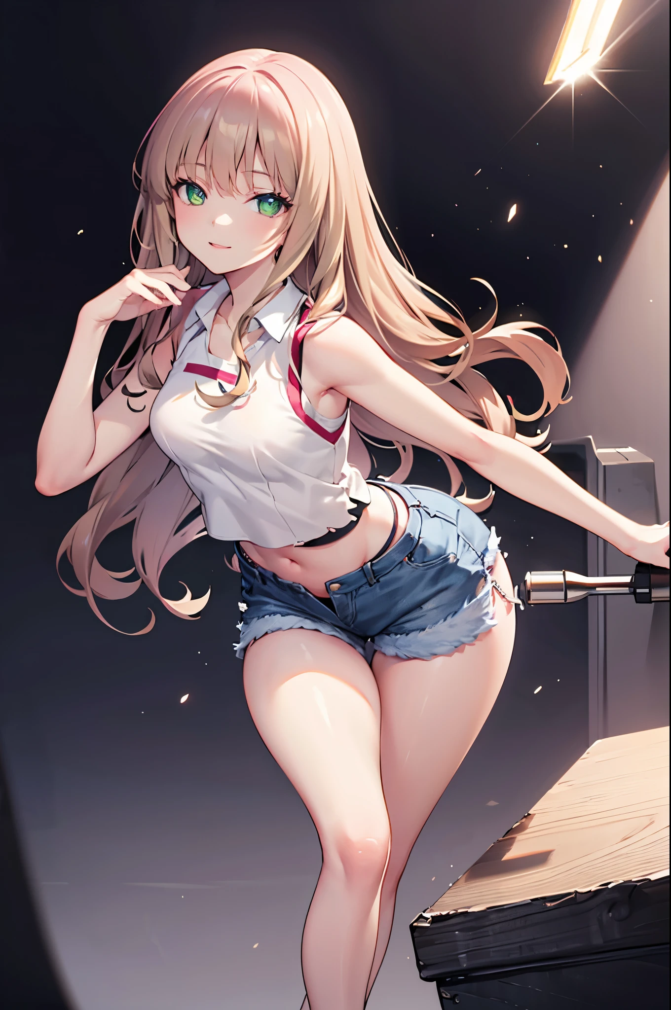 realistic image, coherent image, detailed image, 1 beautiful girl. She has light brown hair, long wavy hair. Green eyes, long eyelashes. Her face is oval and delicate. Smiling. She is wearing a small sleeveless shirt, torn shorts. She has a curvy body, medium breasts, thin waist, thick thighs. sexy pose. view of her full body. White background. uniform background. natural lighting in front, volumetric lighting,