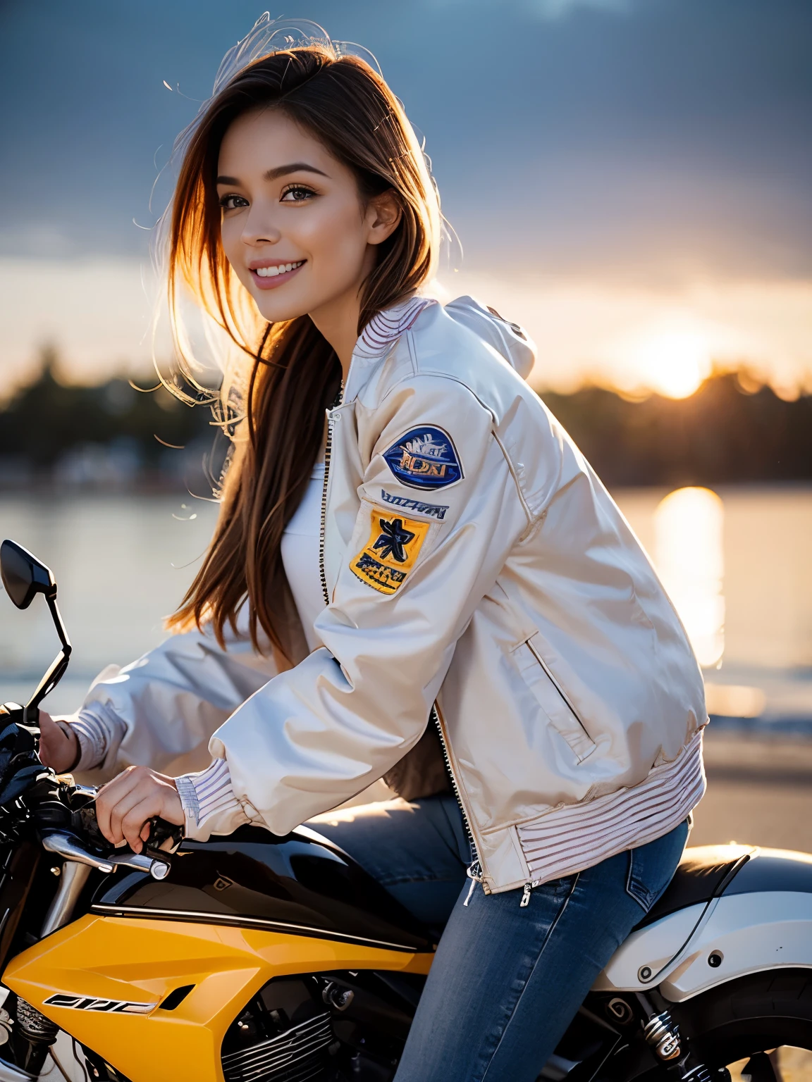 (realistic:1.5), 8k, Super delicate beauty, (a sunny day:1.5), Complex motorcycle details (highest quality: 1.0), (Super high sharpness: 1.0),(Beautiful and delicate depiction of eyes),(((beautiful woman riding a motorcycle))),unreal engine:1.4,photorealistic:1.4, skin texture:1.4, masterpiece:1.8, smile、long legs、((smile))、((full body shot))、((candy colored stadium jacket、jeans))、short hair、((30 year old beauty))