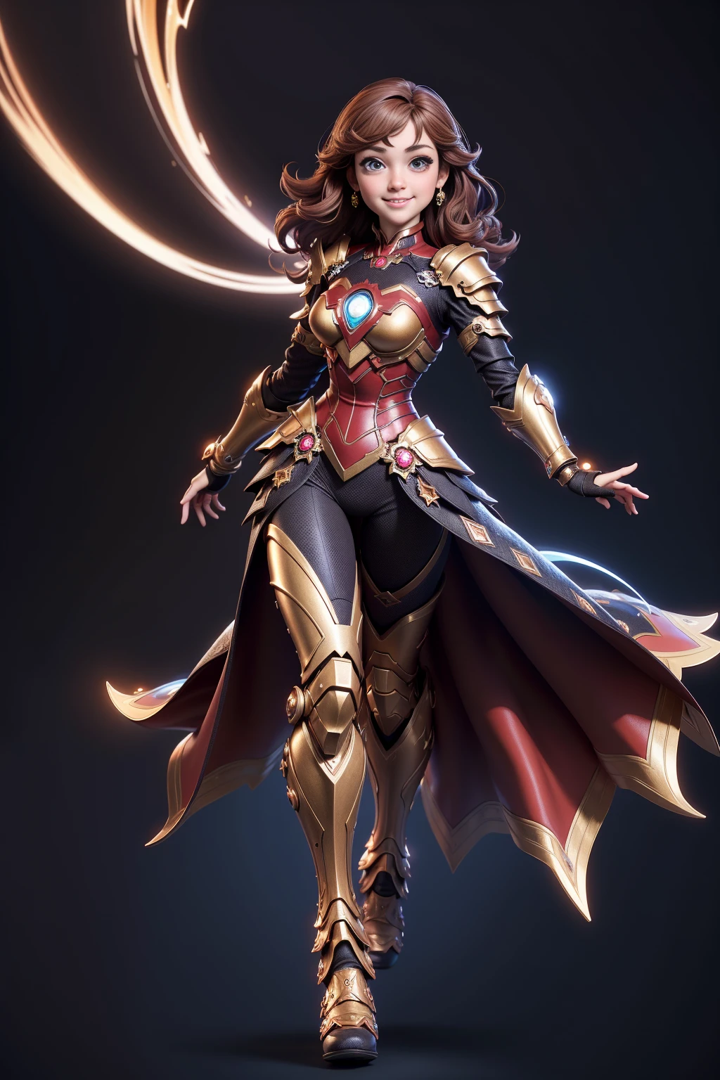 (((full body photo))) 3dmm style,(masterpiece, top quality, best quality, official art, beautiful and aesthetic:1.2), (fractal art:1.3), 1girl, beautiful, high detailed, princess Daisy, brown hair,  blue eyes, dark lighting, happy face, looking the sky, sky, medium shot, black yellow ironman armor, jewelry