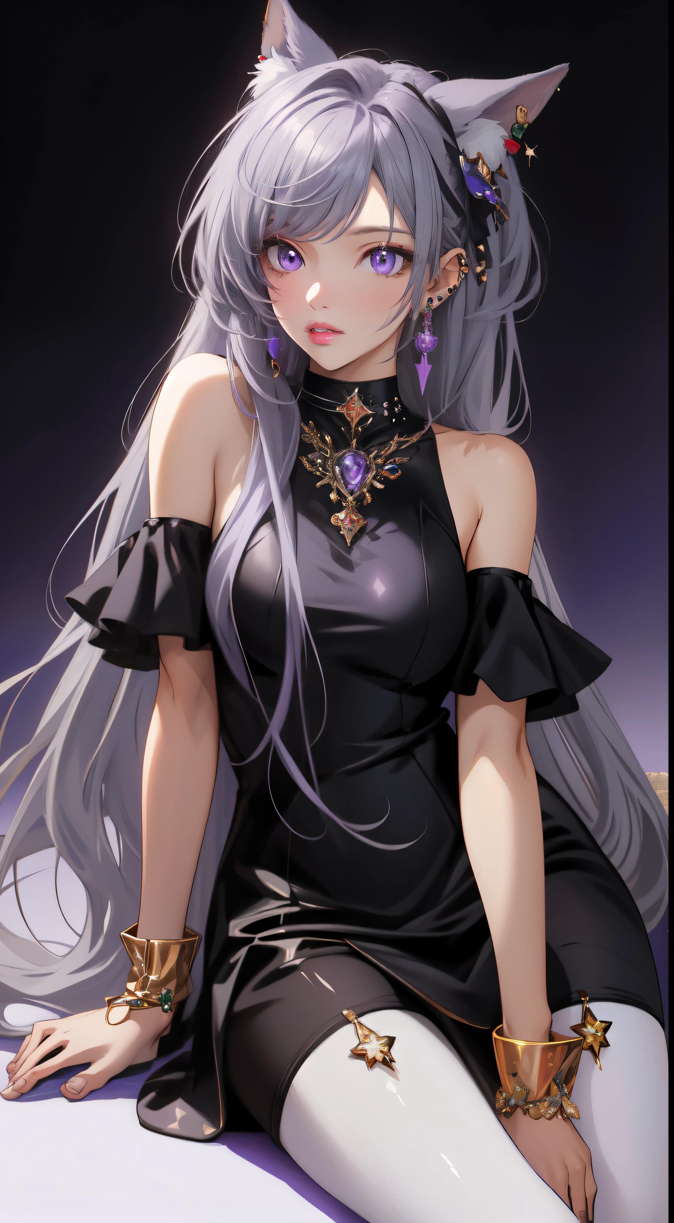 ((masterpiece)), ((highest quality)), ((High resolution)), ((detailed background)), (1 girl), pretty girl, black clothes, long hair, parted bangs, gray hair, purple eyes, detailed face and eyes, perfect lips, (ear piercing), shine, choker, dress, pantyhose, I took this photo wearing white boots., bare shoulders, naked waist, Macross Frontier, cheryl nome, whole body,