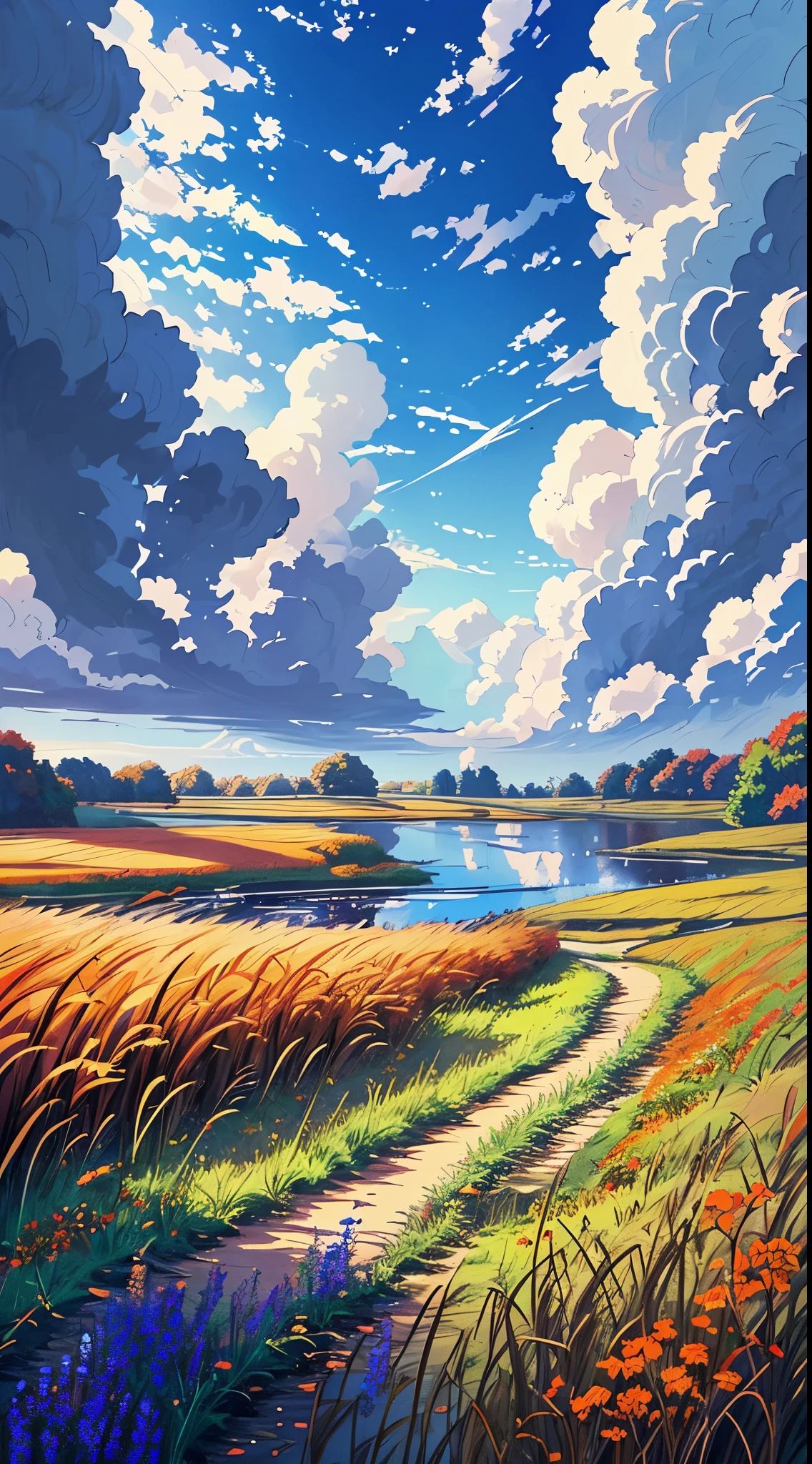 Draw an anime scene of fields near river,There are reeds on the shore,Autumn landscape, lofi, blue cloudy vast sky,vibrant colors, wild flowers, windy, peaceful environment