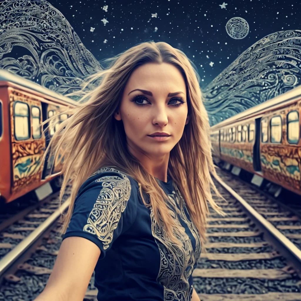 Marija. Magical starry sky. zentangle art deco style racing Train Station, female driver long hair, windy hair, speed, action, art deco style science fiction, magical art deco style future skyscrapers (best quality,4k,8k,highres,masterpiece:1.2),ultra-detailed,(realistic,photorealistic,photo-realistic:1.37)