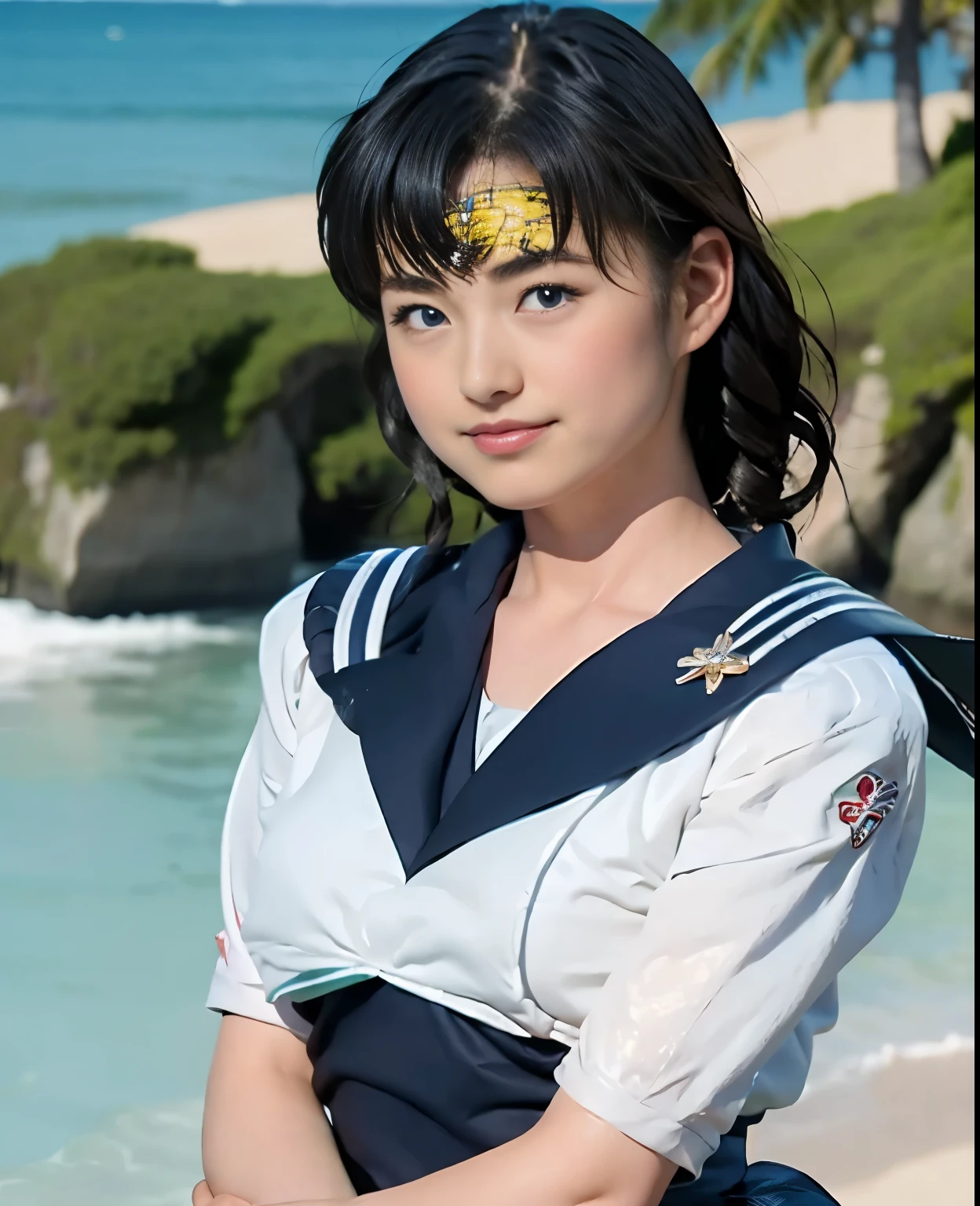 (highest quality:1.2),(perfect beautiful face:1.2),(perfect and beautiful posture:1.2),(japanese woman:1.1), On the beach in midsummer, smile, big breasts, thick muscular body,Ultra-high precision photos,clear eyes, ((sailor_mercury
:1.3)),close up of chest