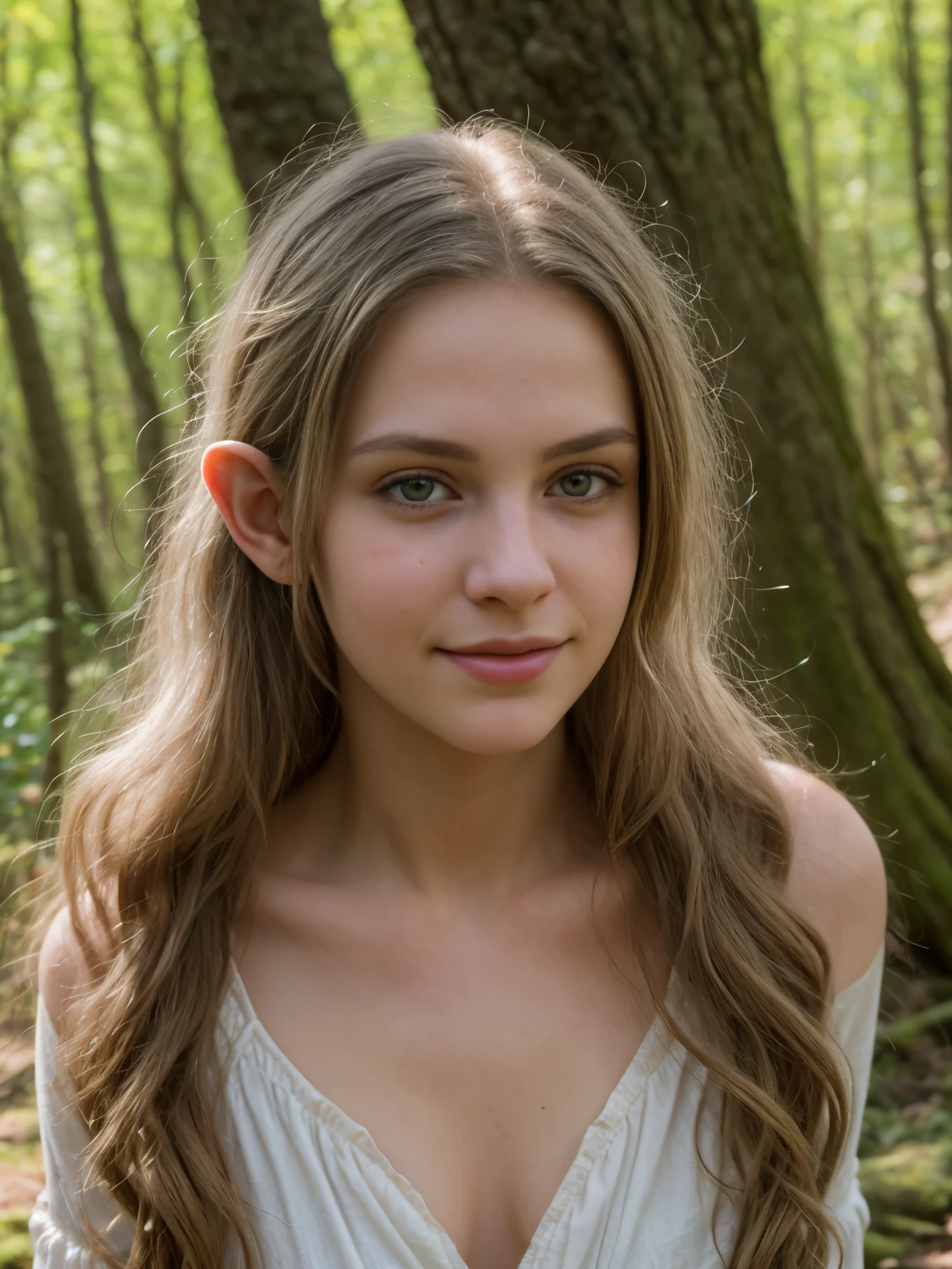 (Realistic:1.4), 18 years old elf archer in the forest, pale curly disheveled hair, delicate features of a thin face, cute sexy, Fantasy style , 8K, proffesional photography, Hi-Def, lifelike skin, Without cosmetics, Incredibly fair skin, background of the Middle Ages, Rocky Creek, The sun shines its rays through the treetops, bokeh