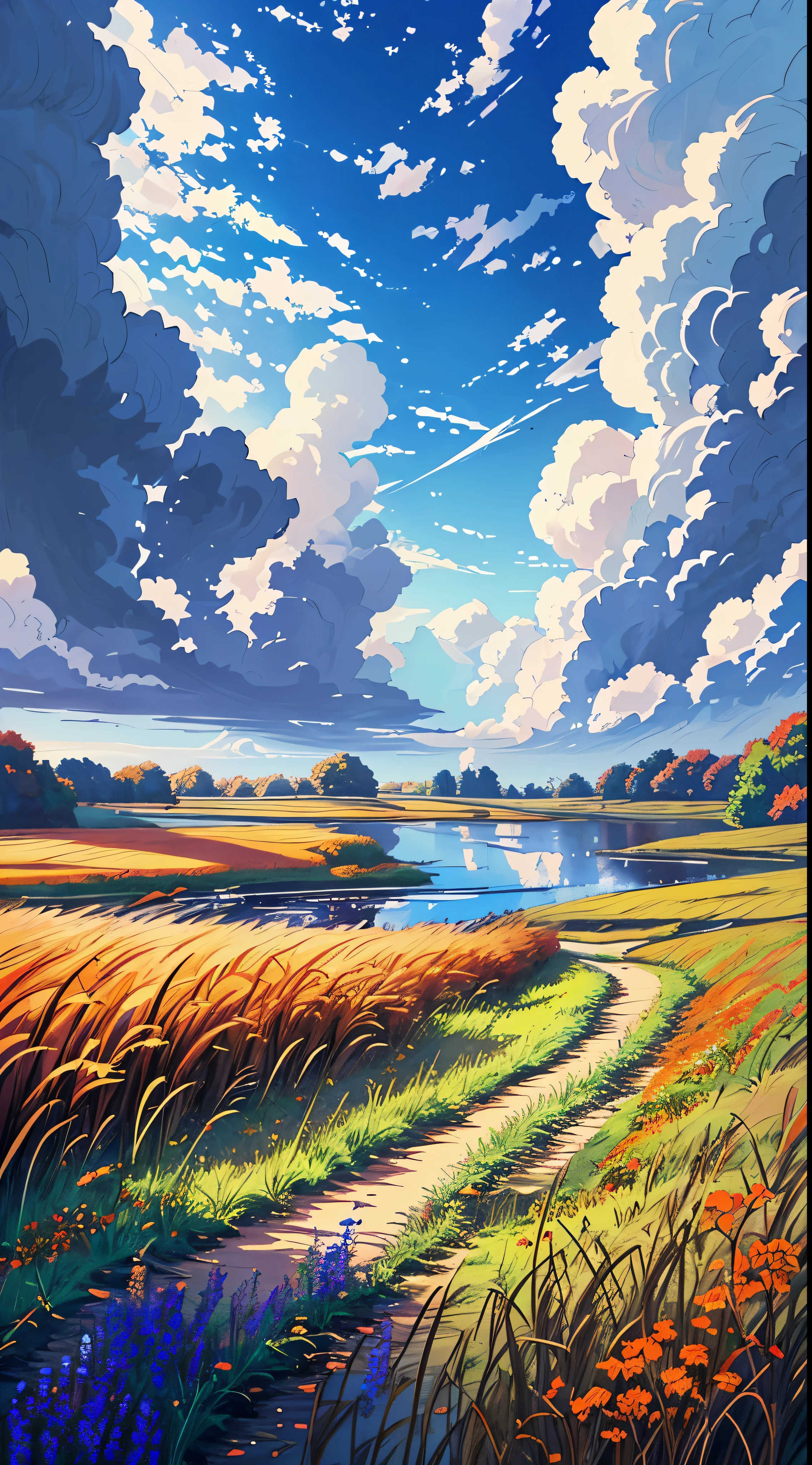 Draw an anime scene of fields near river,There are reeds on the shore,Autumn landscape, lofi, blue cloudy vast sky,vibrant colors, wild flowers, windy, peaceful environment