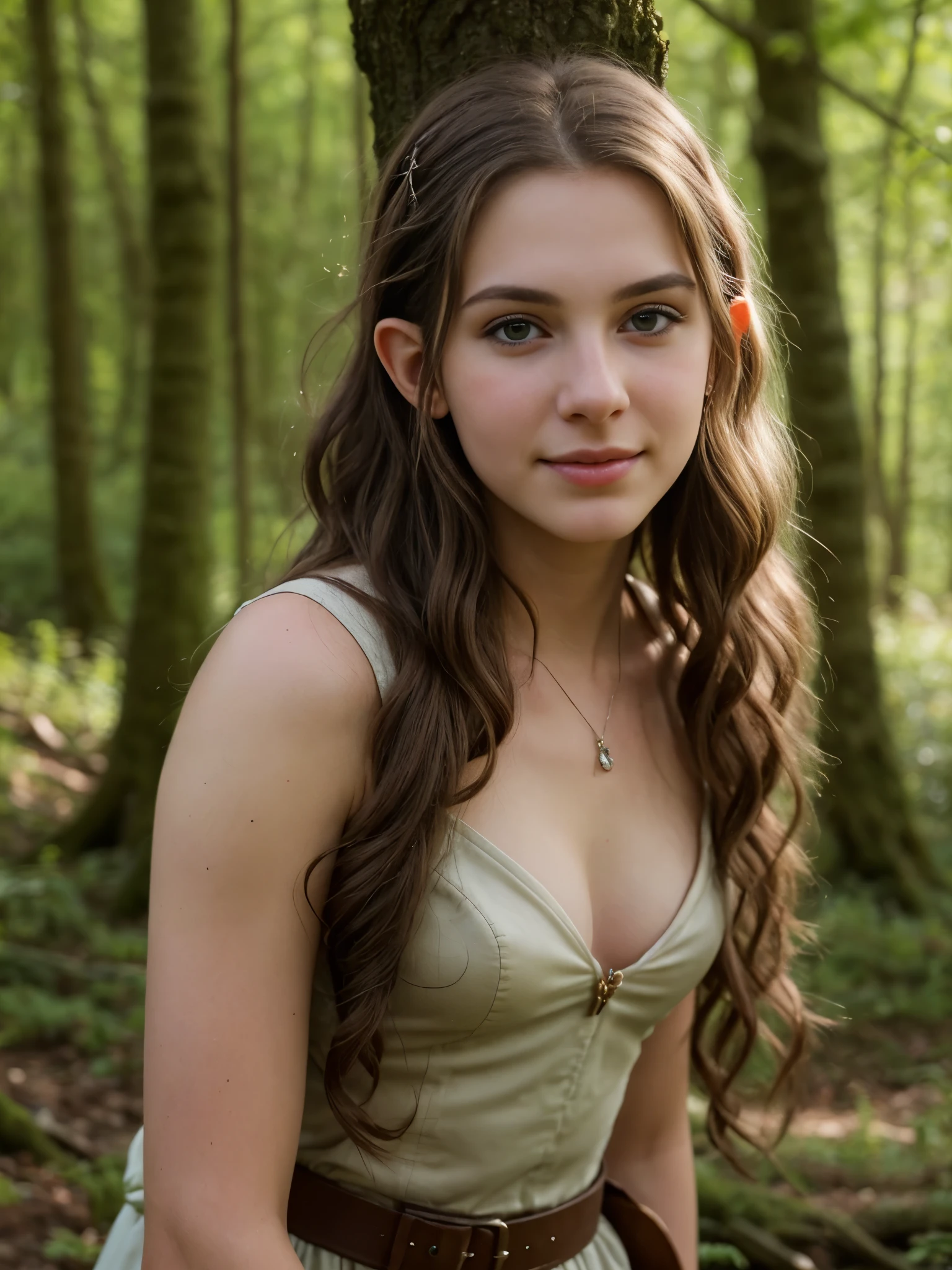 (Realistic:1.4), 18 years old elf archer in the forest, pale curly disheveled hair, delicate features of a thin face, cute sexy, Fantasy style , 8K, proffesional photography, Hi-Def, lifelike skin, Without cosmetics, Incredibly fair skin, background of the Middle Ages, Rocky Creek, The sun shines its rays through the treetops, bokeh