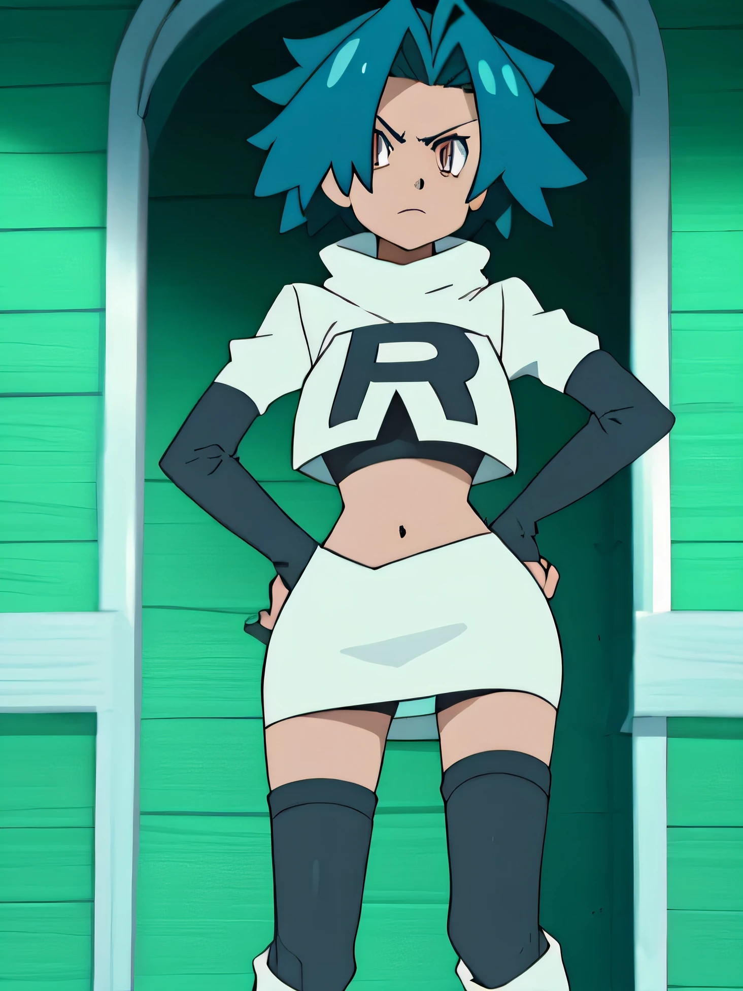 8k, ,1girl in, (solo:1.1), (perfect body:1.1), (best quality:1.1), very large breast, team rocket uniform, red letter r, white skirt,white crop top,black thigh-high boots, black elbow gloves, glaring angrily, looking down at viewer, hands on hips,zettai ryouiki,cowboy shot