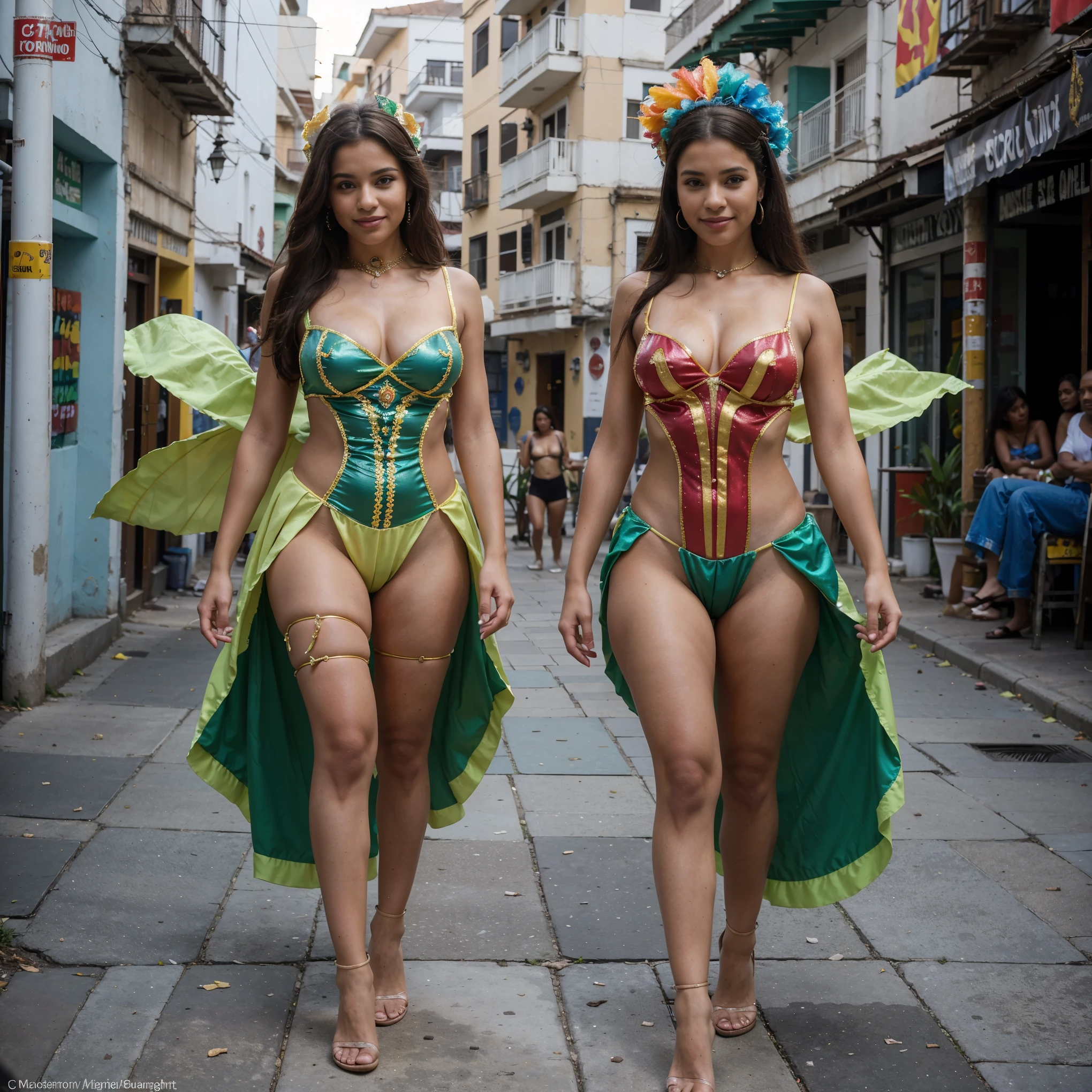 Barranquilla carnival, two very beautiful women, ((dressed as carnival)), walking through the streets,smile, full body shot, cinematic lighting, from below, Sony FE, 16k, highres, best quality, award winning, high quality, high details, super detail, textured skin, anatomically correct, ccurate, masterpiece, UHD