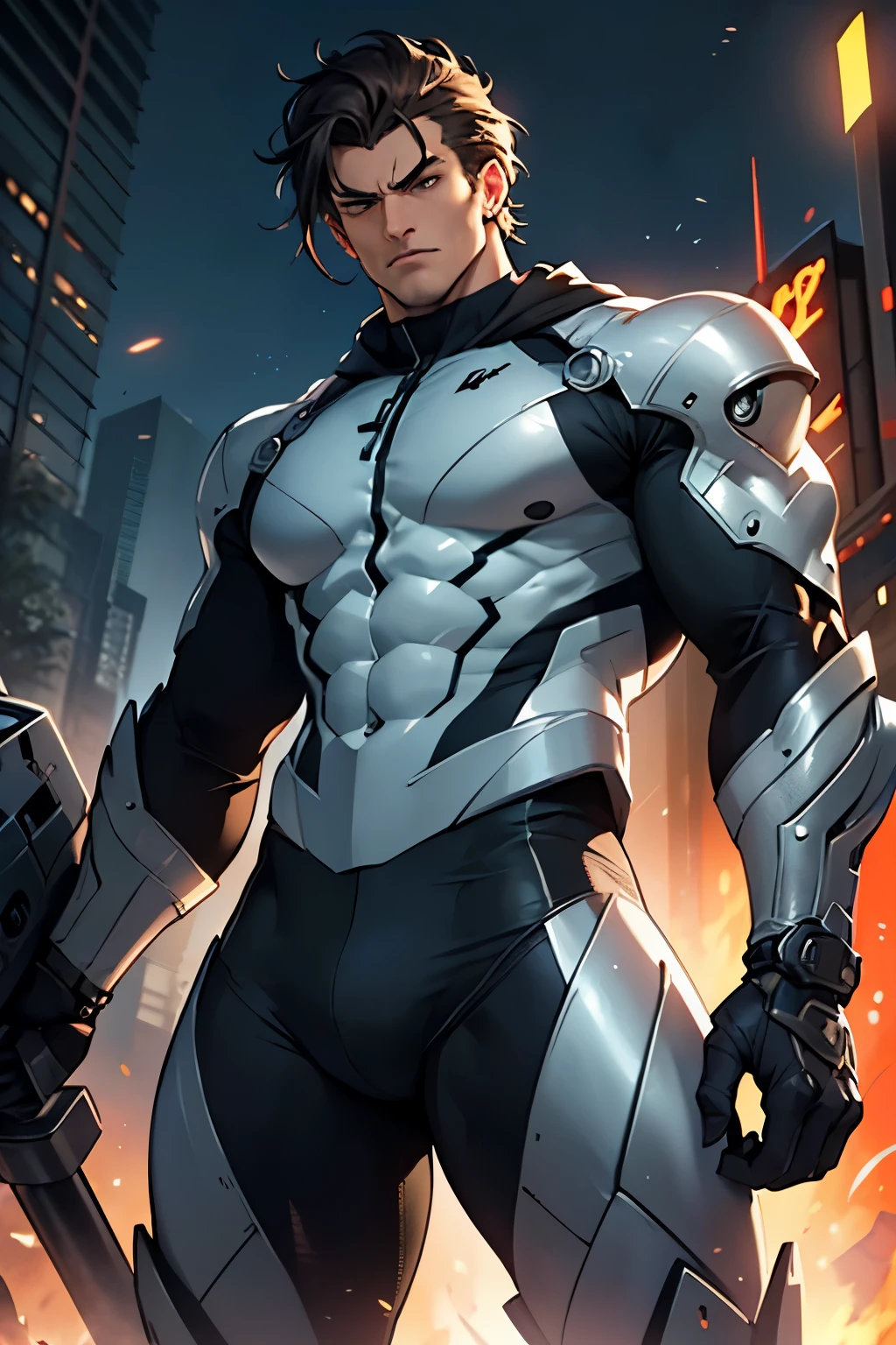 He stands with a muscular build and towering height, his dark hair tousled yet commanding attention. His eyes hold a piercing and fierce gaze, accentuated by strong, determined brows above. With a tanned complexion that complements his rugged charm, his square jaw exudes a sense of unwavering determination. Adorned in a tight-fitting, metallic suit that gleams with an air of advanced technology, it seamlessly integrates with his form, revealing a mechanized arm housing a powerful cannon. The suit's intricate details hint at its complexity, while his imposing stance and commanding demeanor make it clear that he's a force to be reckoned with in any setting.