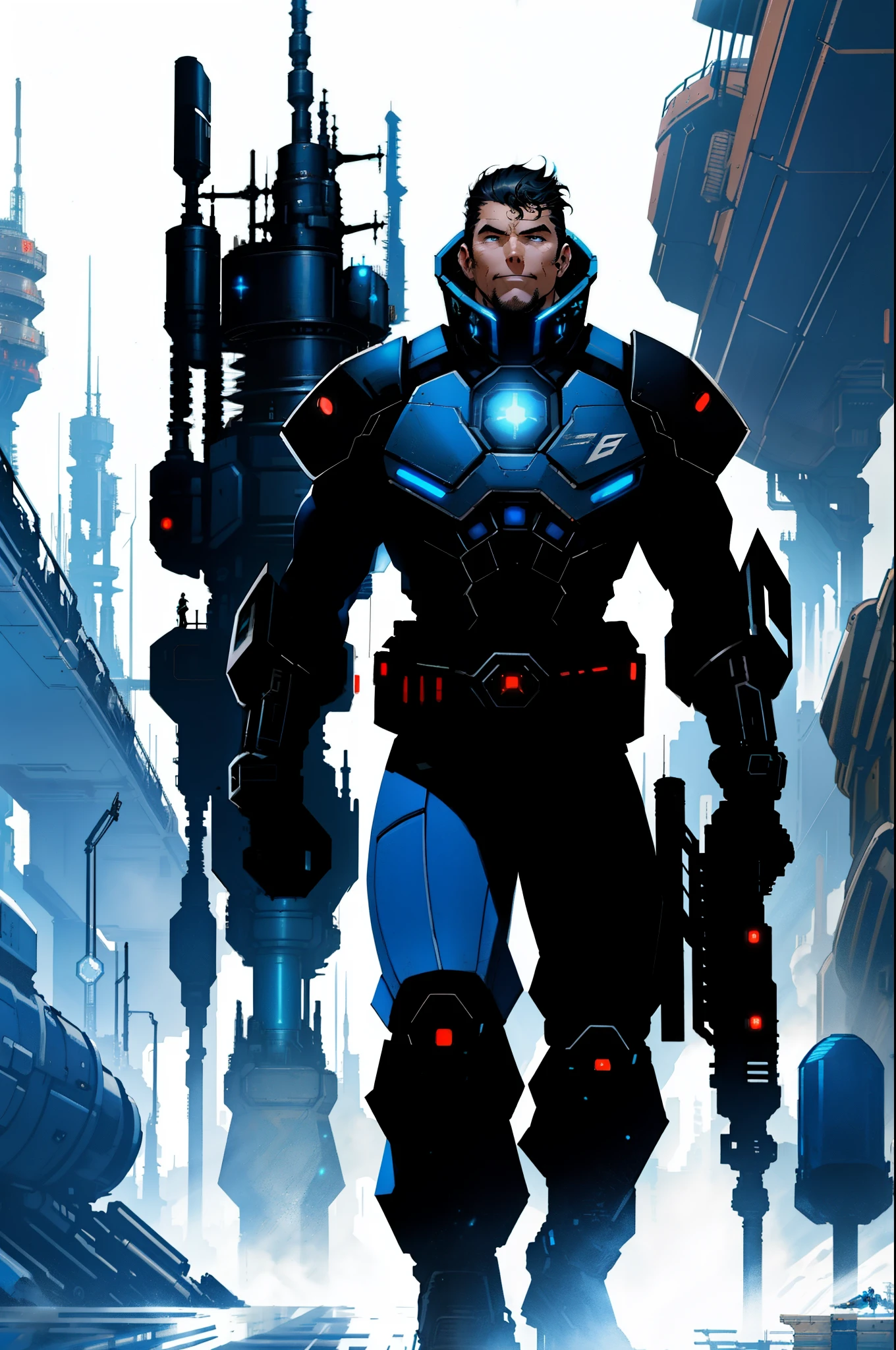 full body shot, 1man, solo, male focus, middle aged man, short hair, black hair, lean muscle, tall, futuristic Gunslinger, futuristic, blue techno cowboy hat, blue neon and gray mechanical clothes, ((hanging a massive relic cannon rifle on the back)), smirking, facial hair, high quality, high resolution, intense splashed blue and white paint in the blackground