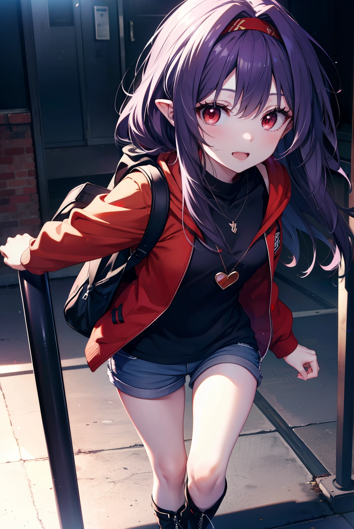 yuukikonno, Yuki Konno, hair band, long hair, pointed ears, purple hair, (red eyes:1.5), (small breasts:1.2), open your mouth,smile,purple hoodie wearing a hood,black t-shirt,heart shaped necklace,white pantyhose,short denim pants,short boots,school gate,
break looking at viewer, Upper body, whole body,
break outdoors, University,
break (masterpiece:1.2), highest quality, High resolution, unity 8k wallpaper, (figure:0.8), (detailed and beautiful eyes:1.6), highly detailed face, perfect lighting, Very detailed CG, (perfect hands, perfect anatomy),