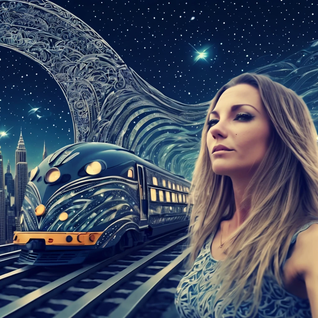 Marija. Magical starry sky. zentangle art deco style racing Train Station, female driver long hair, windy hair, speed, action, art deco style science fiction, magical art deco style future skyscrapers (best quality,4k,8k,highres,masterpiece:1.2),ultra-detailed,(realistic,photorealistic,photo-realistic:1.37)