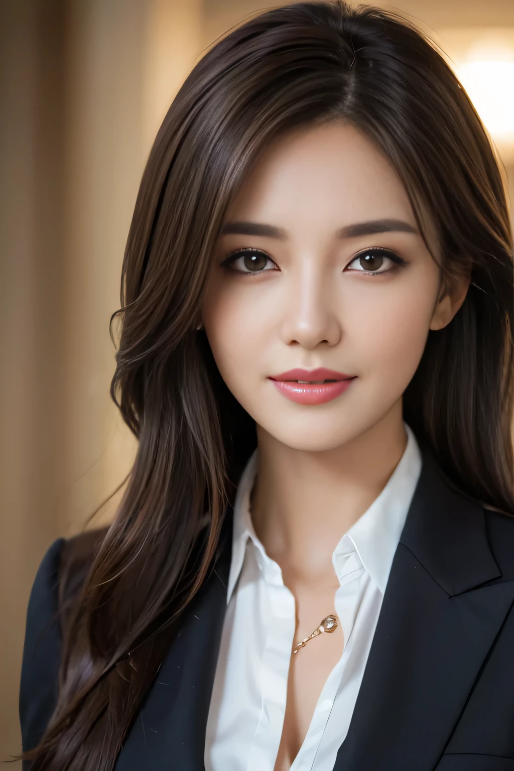 table top, highest quality, realistic, Super detailed, finely, High resolution, 8k wallpaper, 1 beautiful woman,, light brown messy hair, wearing a business suit, sharp focus, perfect dynamic composition, beautiful and detailed eyes, thin hair, Detailed realistic skin texture, smile, close-up portrait, model body shape