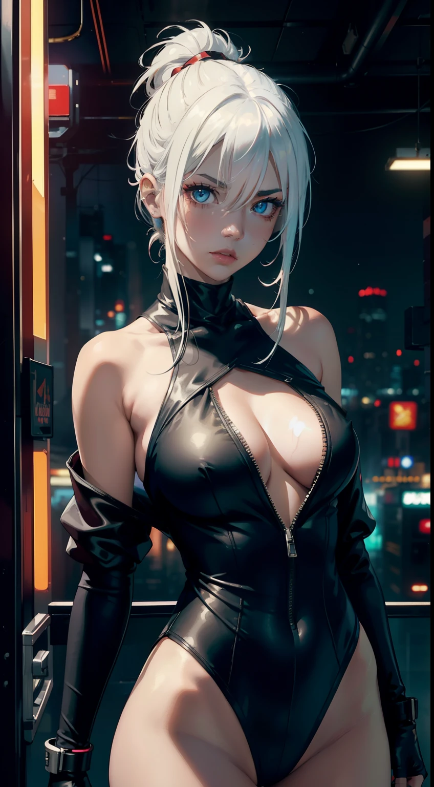 In the gritty, neon-lit world of cyberpunk edgerunners, there stands a solitary figure - Lucy, a woman of breathtaking allure and intrigue. With her white hair cascading down her shoulders, she wears an off-shoulder jacket that exposes her bare shoulders, adorned with red eyeliner that contrasts starkly against her blue eyes. Her medium-sized breasts are accentuated by the form-fitting sleeveless turtleneck leotard she wears.

Her gaze is focused intently on the viewer, her intensity unmatched. The leotard, a masterpiece of best quality, clings to her body like a