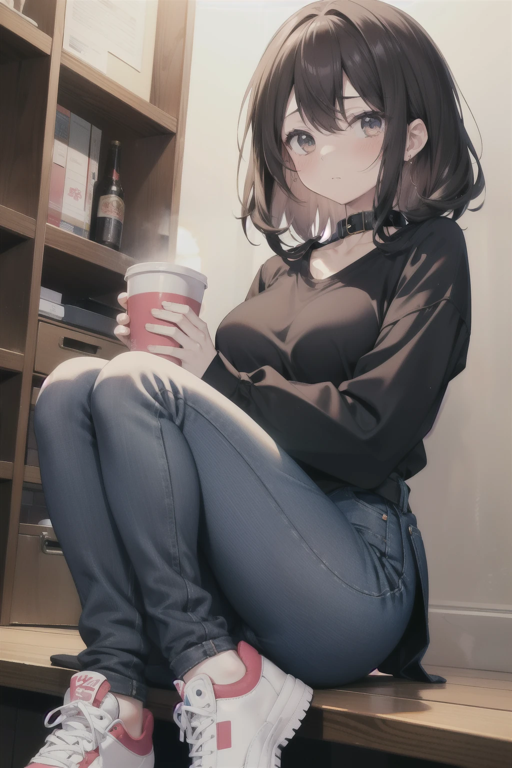 ((masterpiece)), ((best quality)), girl, ((Anime-style)), black collar blouse, tight jeans, sneakers, ((rosy-cheeked)), holding a large soup cup,
Top resolution, super detailed fillers and expressions, pretty girl, Anime-style, black collar blouse, fitted jeans, sneakers, ((embarrassed look)), holding a large soup cup,
The image captures the essence of an Anime-style girl, with a black collar blouse that emphasizes her youthful charm. Her tight jeans hug her figure, and sneakers on her feet add a casual touch. Her rosy-cheeked complexion adds to her cuteness, while she holds