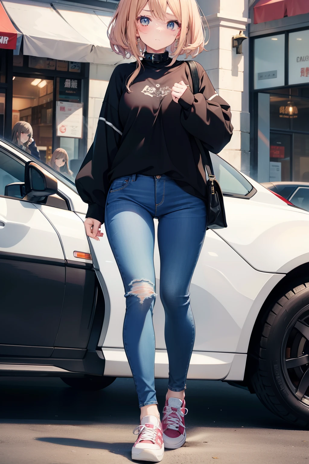 ((masterpiece)), ((best quality)), girl, ((Anime-style)), black collar blouse, tight jeans, sneakers, ((rosy-cheeked)), holding a large soup cup,
Top resolution, super detailed fillers and expressions, pretty girl, Anime-style, black collar blouse, fitted jeans, sneakers, ((embarrassed look)), holding a large soup cup,
The image captures the essence of an Anime-style girl, with a black collar blouse that emphasizes her youthful charm. Her tight jeans hug her figure, and sneakers on her feet add a casual touch. Her rosy-cheeked complexion adds to her cuteness, while she holds
