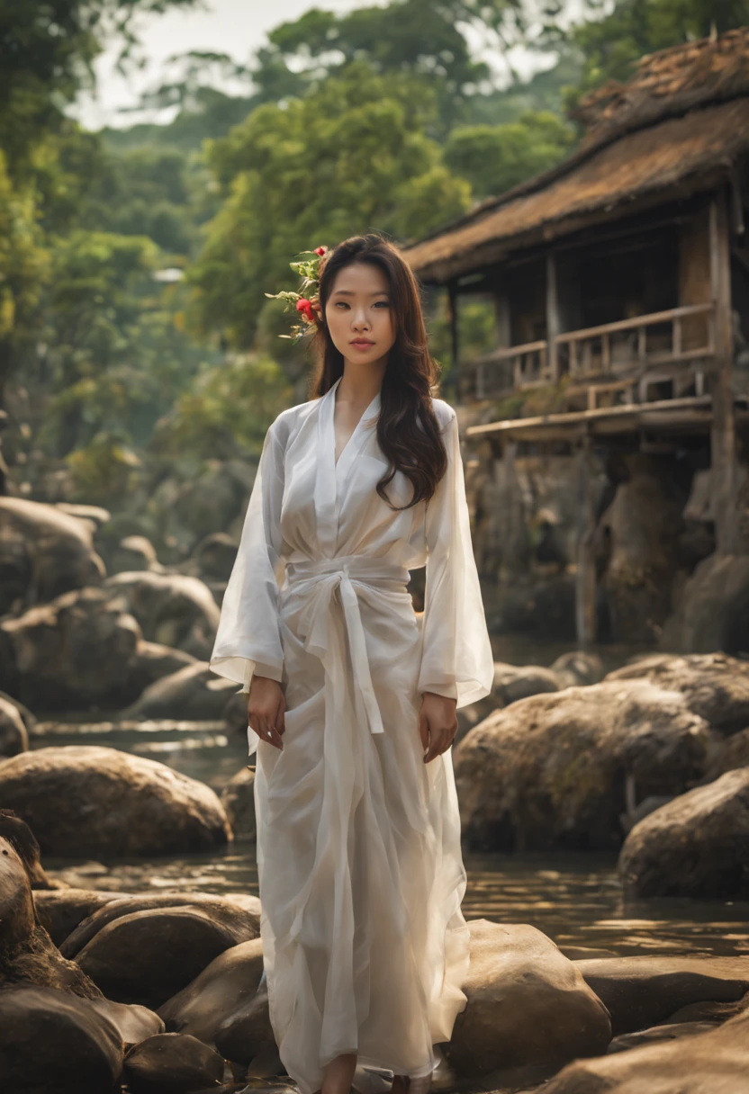 (best quality,4k,highres,masterpiece:1.2),ultra-detailed,(realistic,photorealistic,photo-realistic:1.37), HDR, UHD, An (extremely beautiful Vietnamese woman age: 18, hourglass figure, blessed proportions, dressed appropriate for the setting) is relaxing in a hot spring with her lady friends(they are helping scrub one another and playfully flirting), she is near an rural Vietnamese village with many other women nearby. (Show her entire body, show her from head to toe, full body shot)