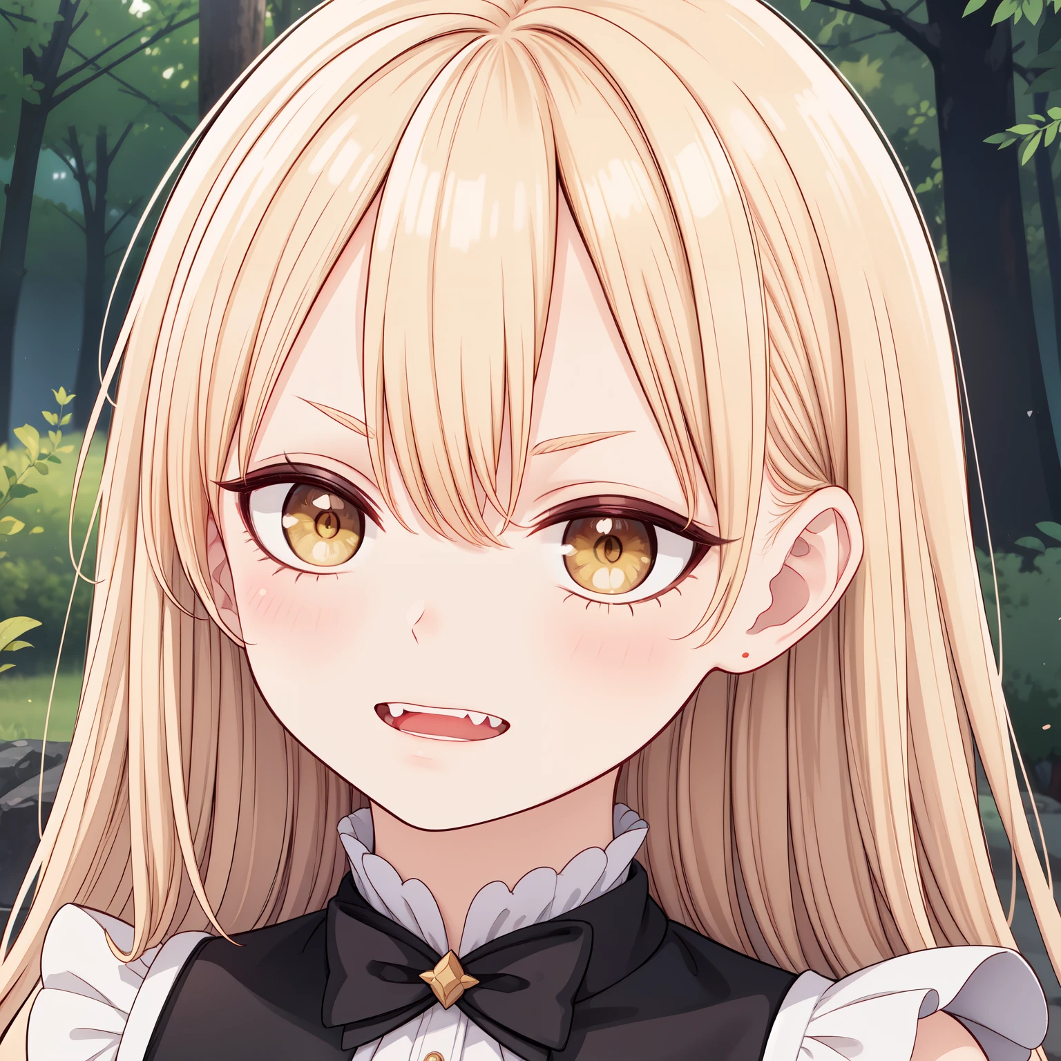 best quality,ultra-detailed,realistic:1.37,highres,golden hair,golden eyes,detailed facial features,serious expressions,beautiful detailed lips,long eyelashes,Guideau (majo to yajuu), maid outfit,golden light illuminating the scene,mysterious atmosphere,enchanted forest background,faint hint of magic in the air,subtle smile on her lips, fangs