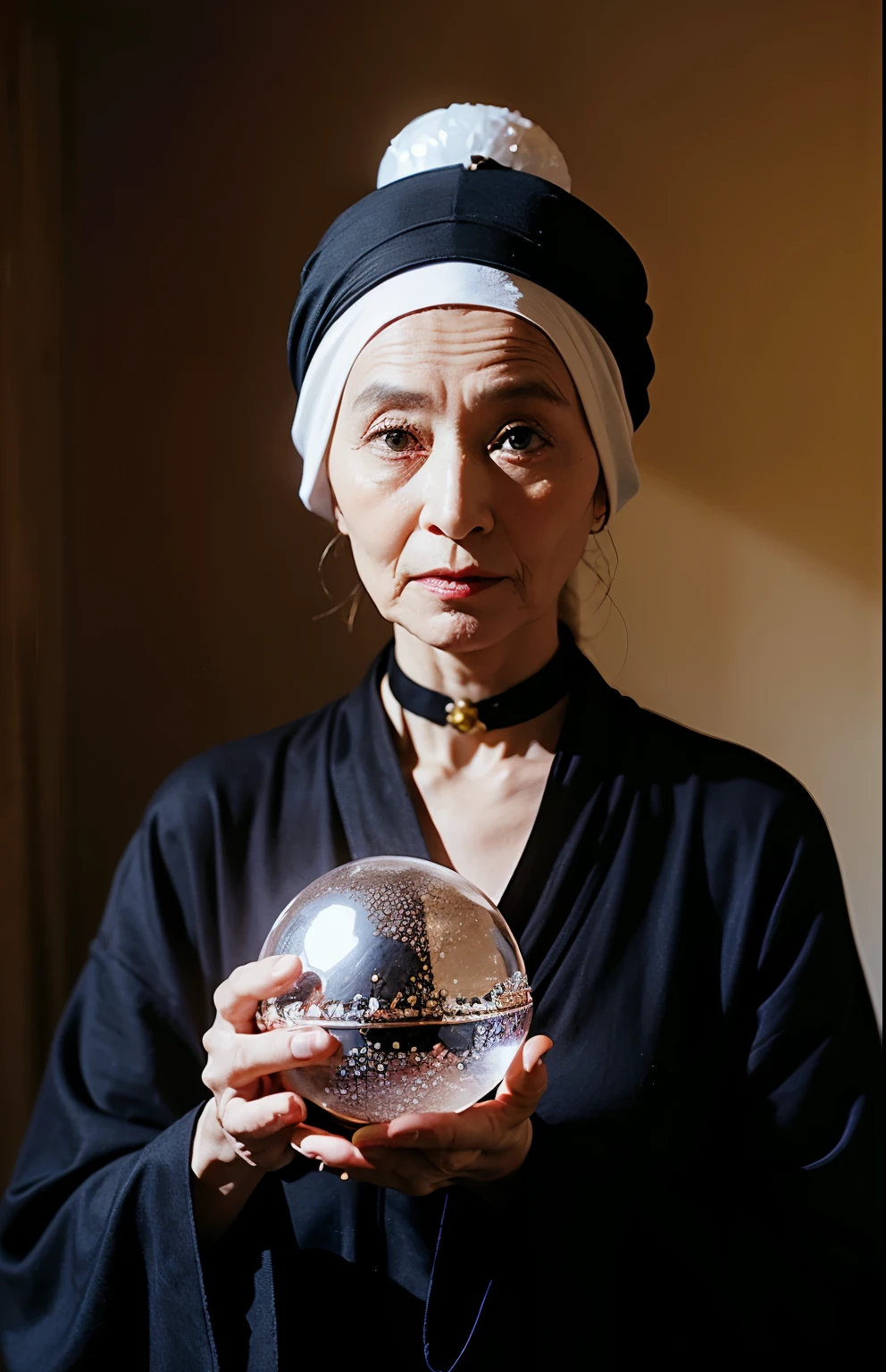 An old fortune teller woman with a crystal ball and a cloth on her head,