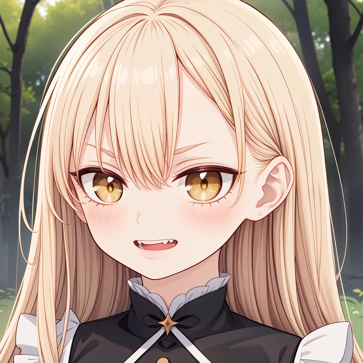 best quality,ultra-detailed,realistic:1.37,highres,golden hair,golden eyes,detailed facial features,serious expressions,beautiful detailed lips,long eyelashes,Guideau (majo to yajuu), maid outfit,golden light illuminating the scene,mysterious atmosphere,enchanted forest background,faint hint of magic in the air,subtle smile on her lips, fangs