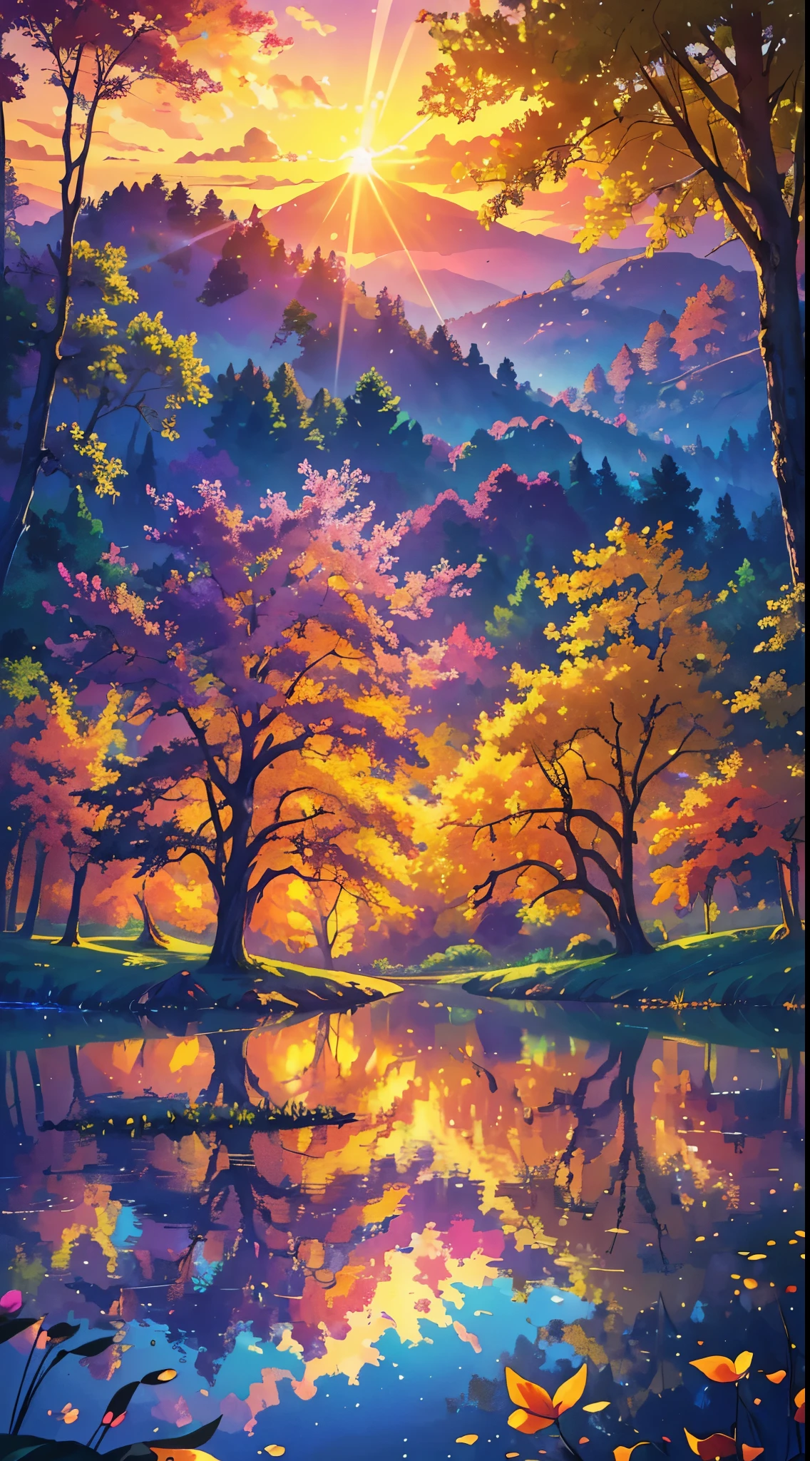 (best quality,4k,8k,highres,masterpiece:1.2),ultra-detailed,(realistic,photorealistic,photo-realistic:1.37),sunset,illustration,oil painting,beautifully detailed scene,vibrant colors,soft lavender sky,orange,red,yellow,lilac,purple,green,blue,scenic garden with flourishing flowers,serene atmosphere,gentle breeze,birds flying freely,majestic trees standing tall,sun slowly setting on the horizon,captivating view of nature,tranquil reflection in a small pond,colorful rays of sunlight shining through the leaves,golden sunlight casting a warm glow,peaceful and serene mood,magical harmony of colors,unforgettable and mesmerizing scenery