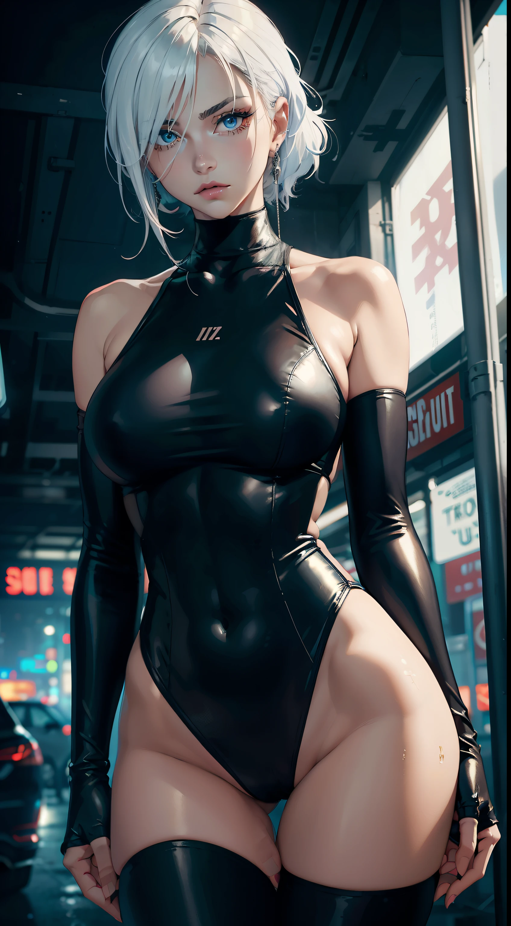 In the gritty, neon-lit world of cyberpunk edgerunners, there stands a solitary figure - Lucy, a woman of breathtaking allure and intrigue. With her white hair cascading down her shoulders, she wears an off-shoulder jacket that exposes her bare shoulders, adorned with red eyeliner that contrasts starkly against her blue eyes. Her medium-sized breasts are accentuated by the form-fitting sleeveless turtleneck leotard she wears.
Her gaze is focused intently on the viewer, her intensity unmatched. The leotard, a masterpiece of best quality, clings to her body like a